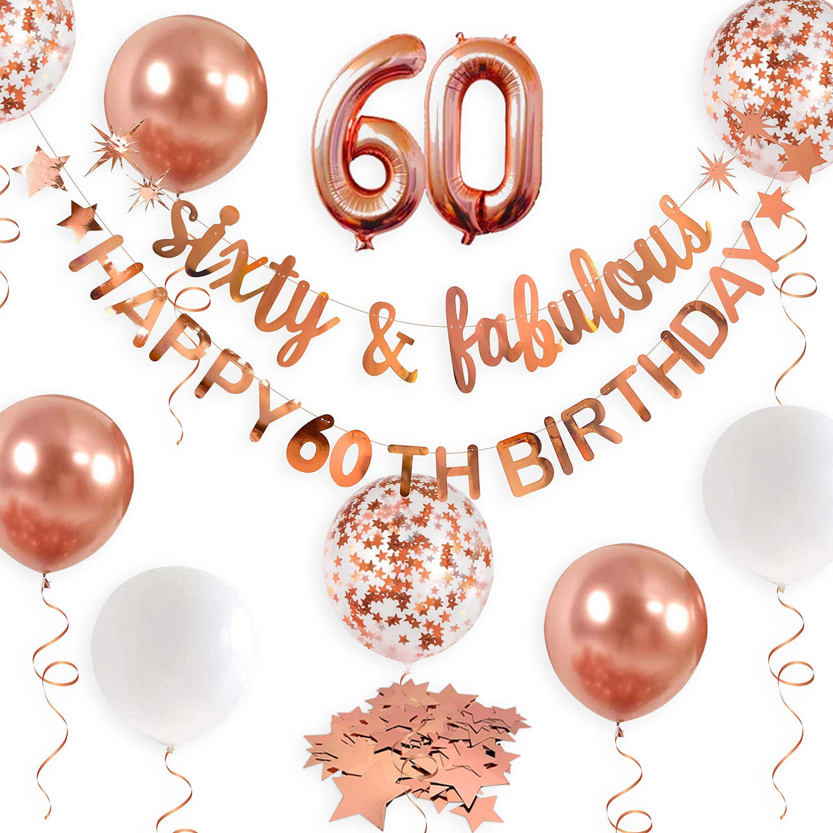Rose Gold Sixty & Fabulous Happy 60Th Birthday Banner Garland Foil Balloon 60 For Womens 60Th Birthday Decorations Hanging 60 An