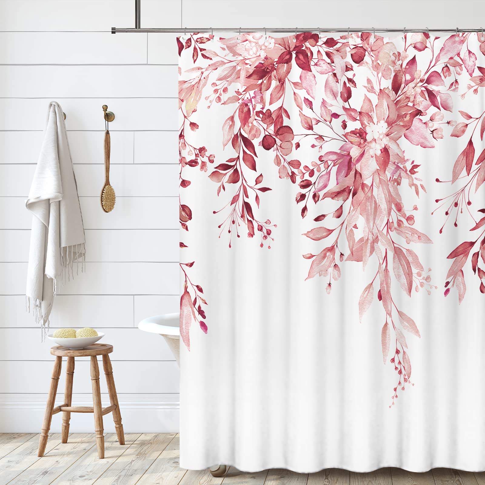 Tititex Pink Eucalyptus Shower Curtain, Watercolor Blush Leaves On The Top Plant With Floral Bathroom Decoration Shower Curtain