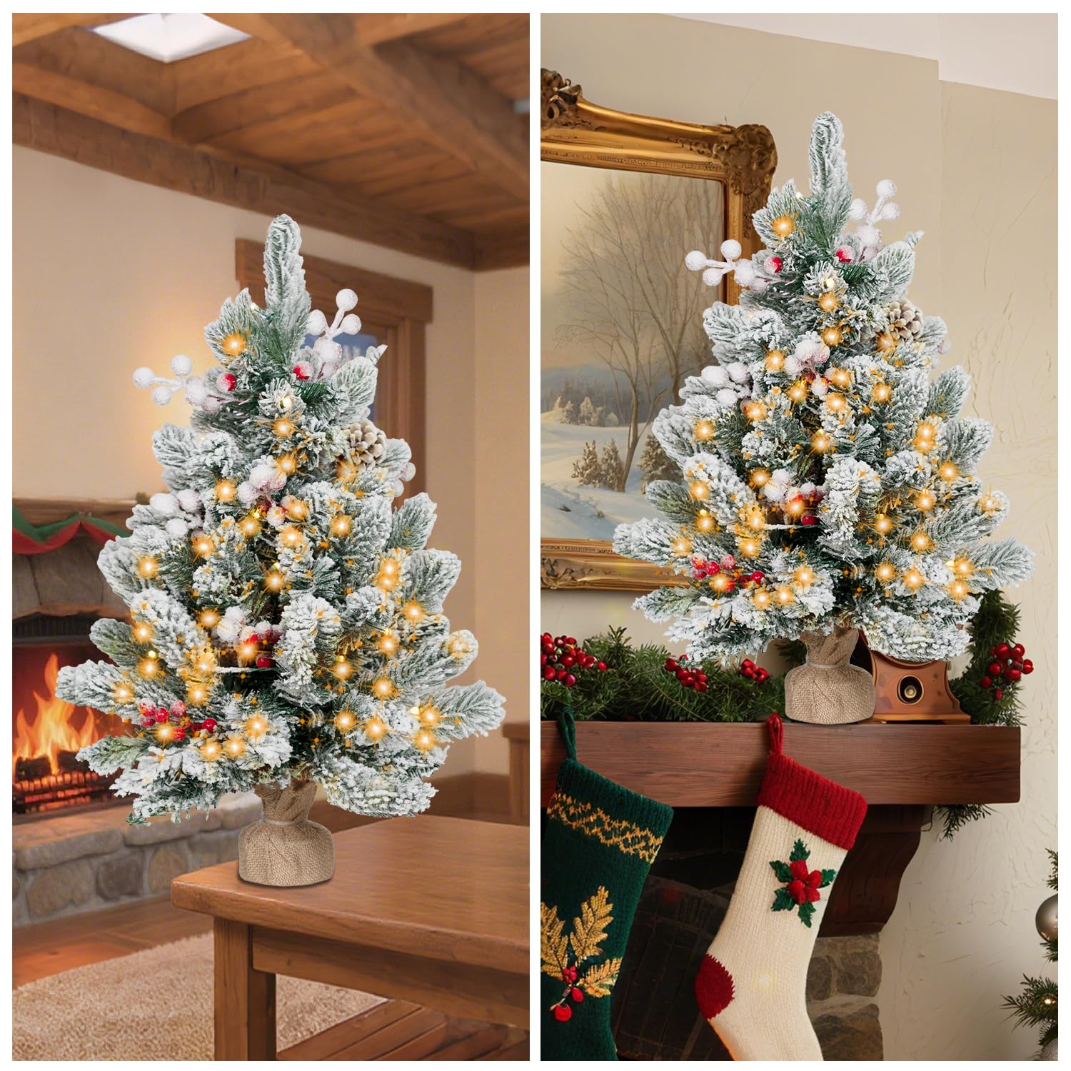 ININ 2FT Pre-lit Mini Christmas Snow Flocked Tree,Tabletop Artificial Christmas Tree with LED Lights, Small Xmas Pine Tree with