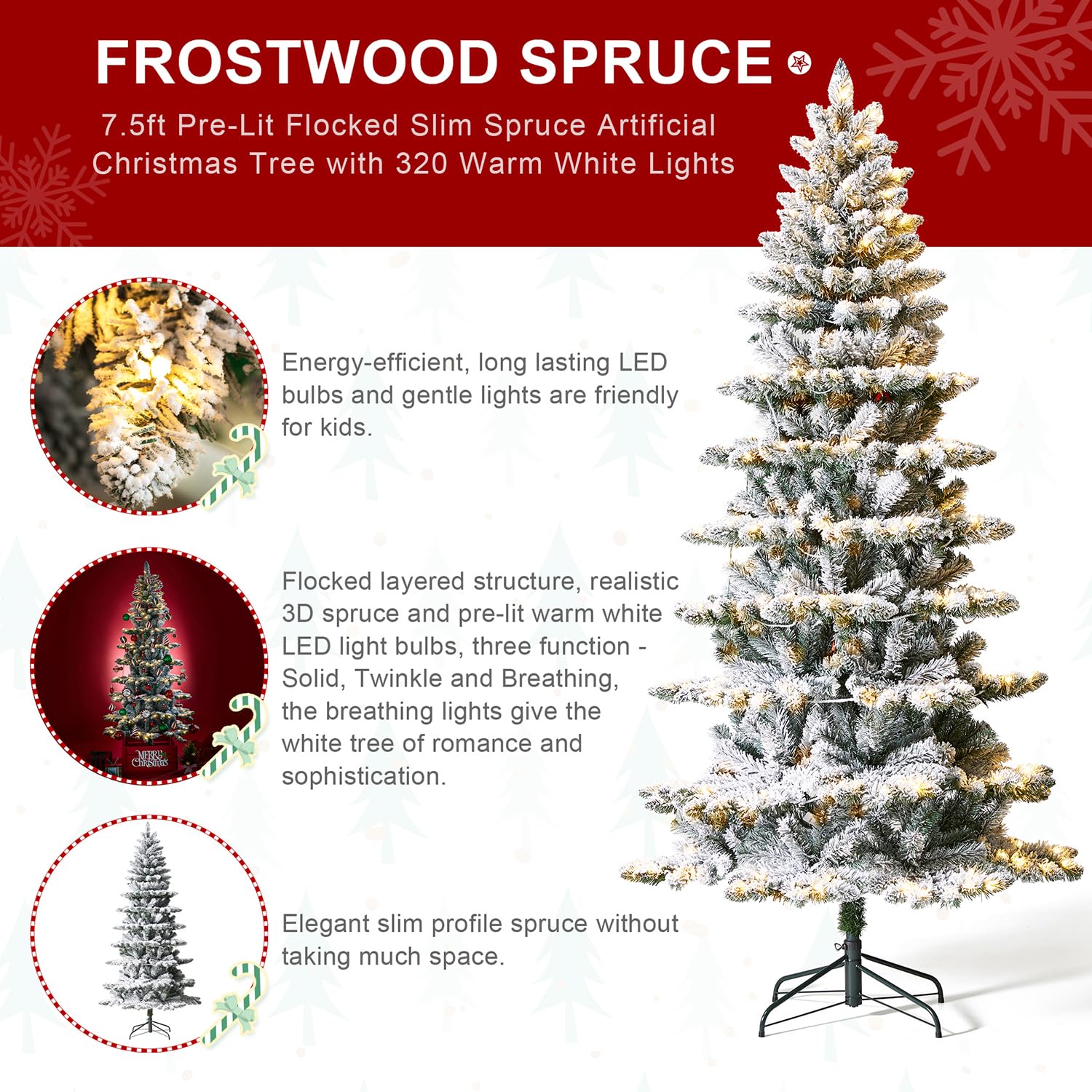 Glitzhome 9ft Pre-Lit Flocked Slim Artificial Christmas Tree Frostwood Spruce with 460 Warm White Lights and Sturdy Metal Stand