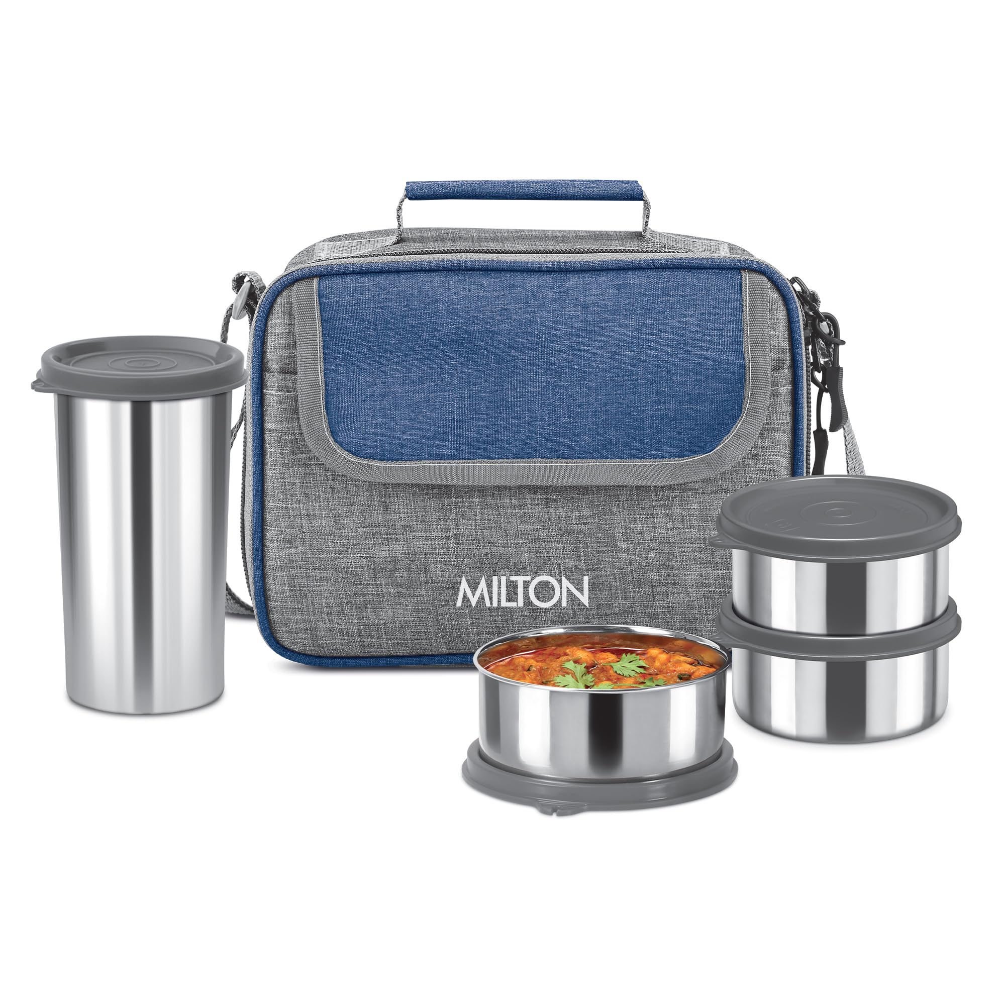 Milton Daily Meal Lunch Box With Unisex Bag, 3 Stainless Steel Containers 300 Ml Each & Tumbler 400 Ml, Leak-Proof Tiffin For Of
