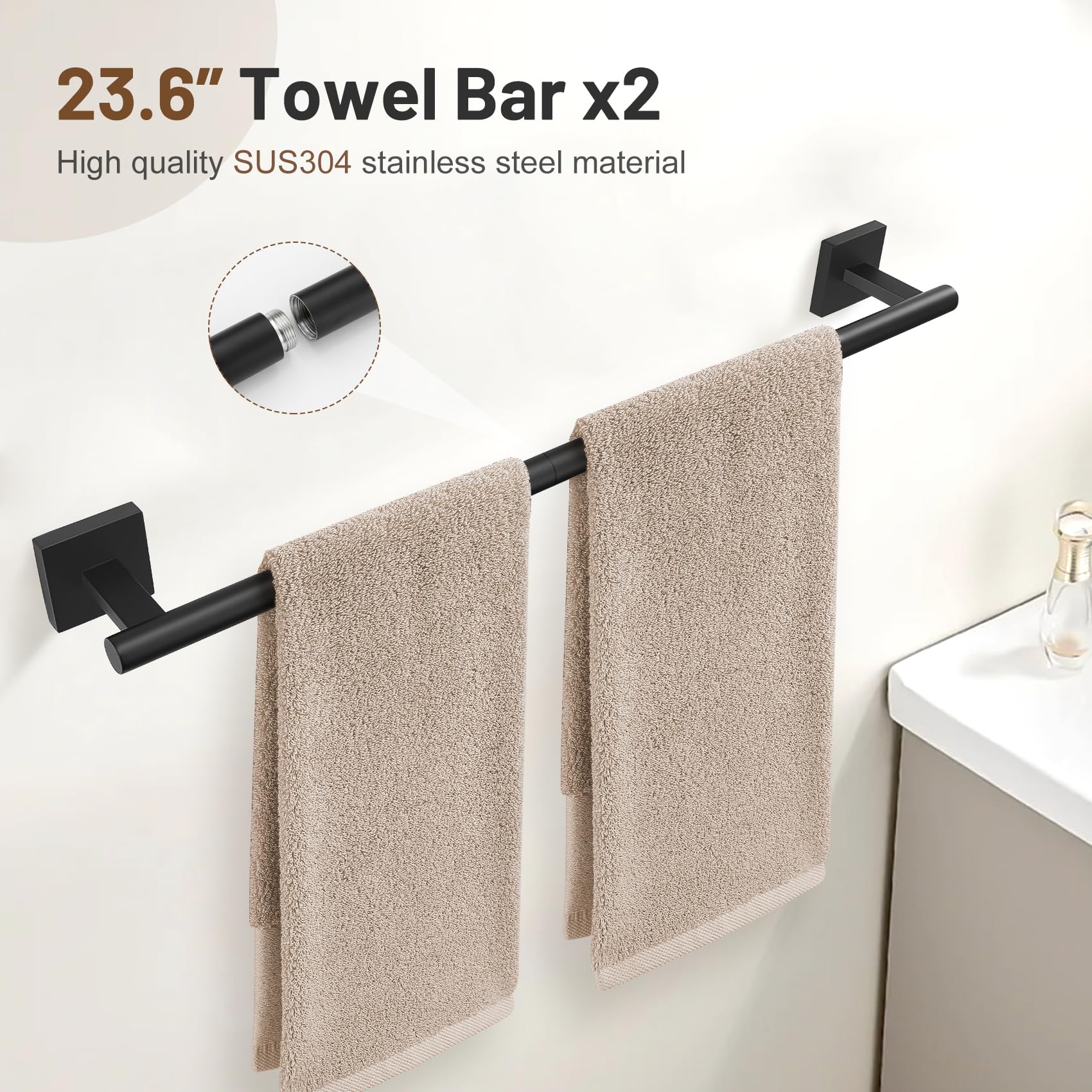 10 Pieces Black Towel Bar Set, 23.6 Inch Bathroom Accessories Set Sus304 Stainless Steel Bathroom Hardware Set Towel Racks For B