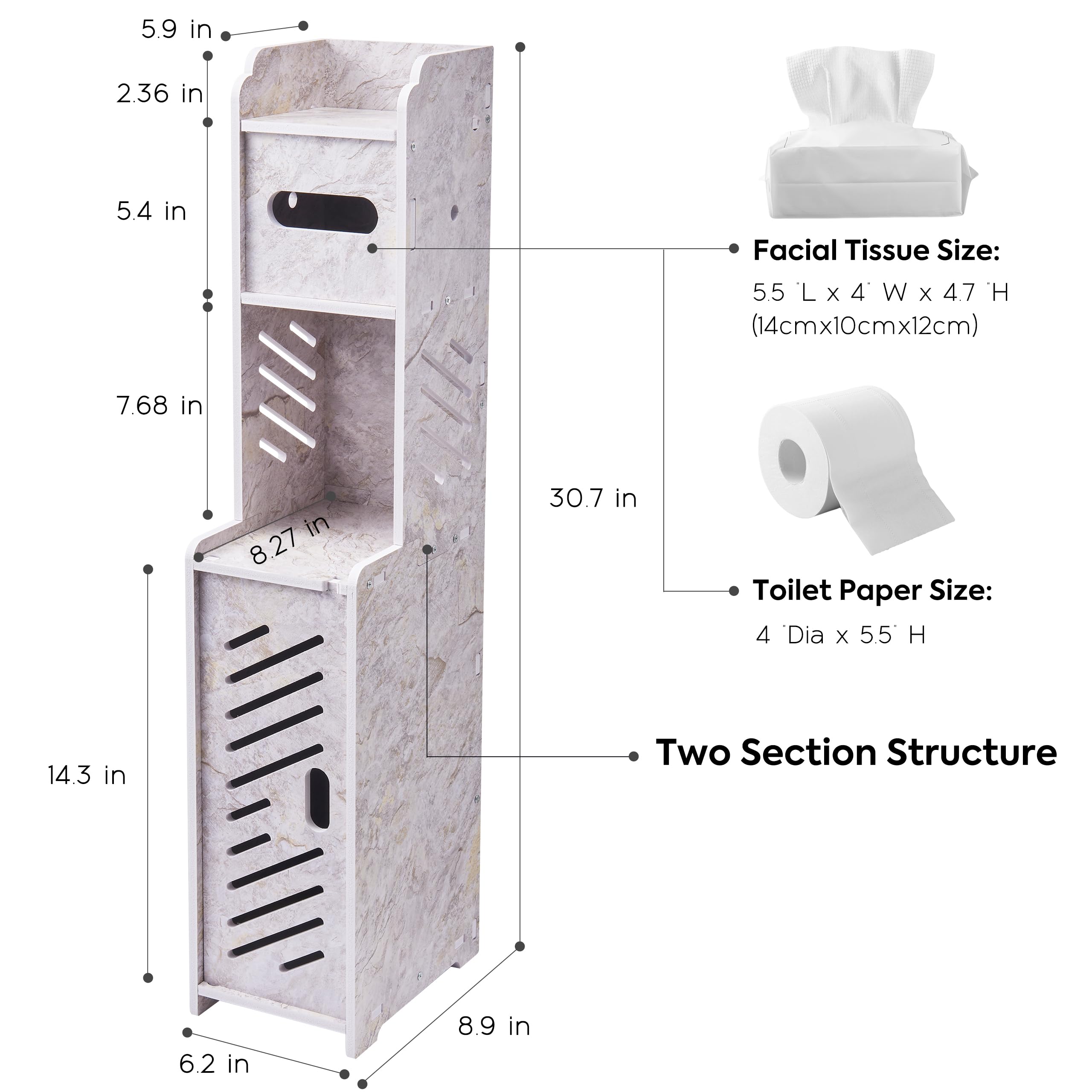 Doxo Small Bathroom Storage Cabinet, Behind Toilet Bathroom Organizer, Narrow Toilet Paper Cabinet For Restroom (Marble White)