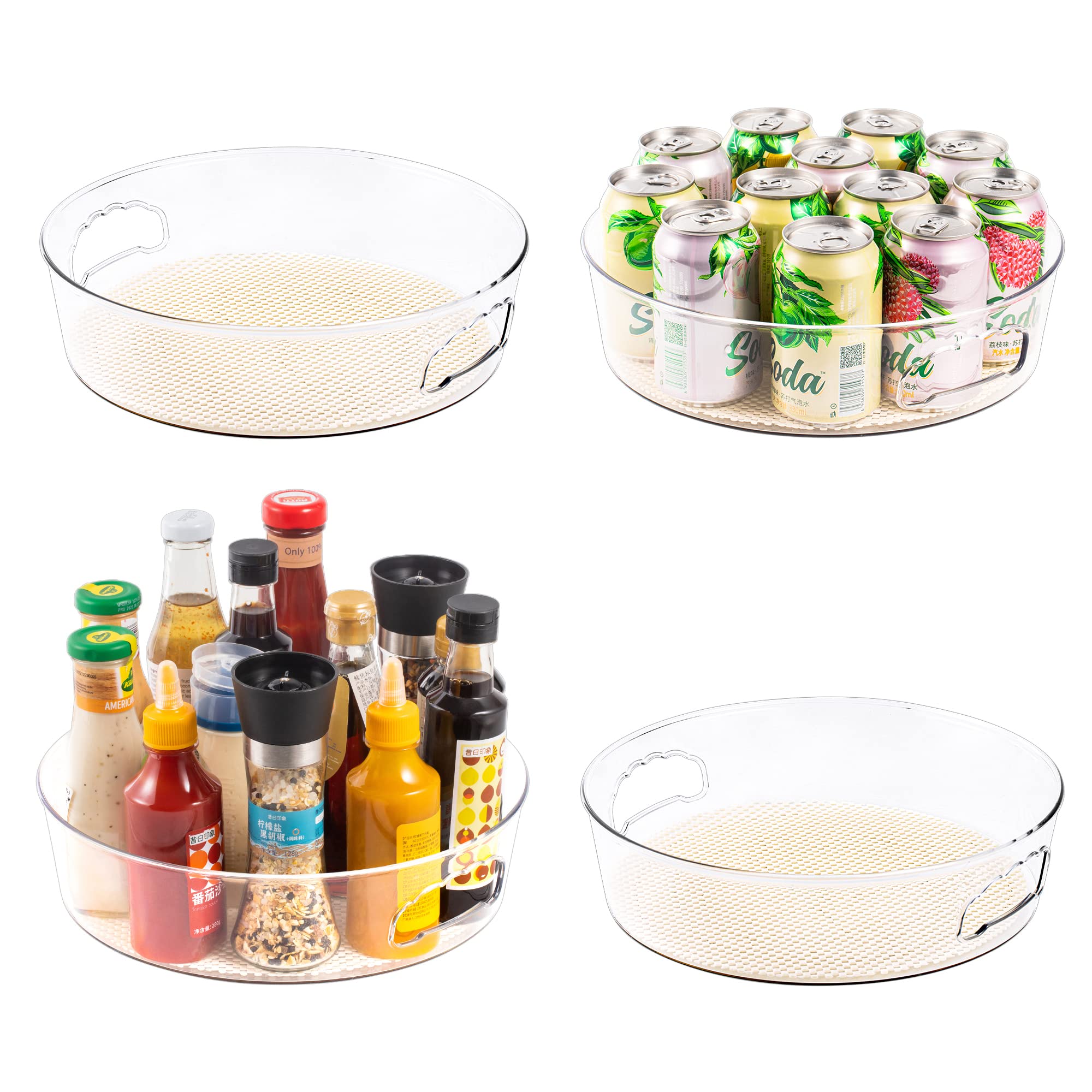 4 Pack Lazy Susan Organizer with NonSkid Liners, 12inch Spinning Turntable with Handle, Spice and Refrigerator Organizers, Pan