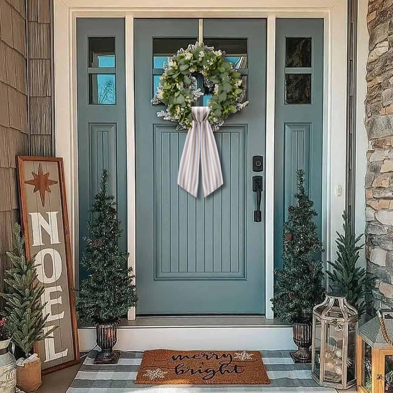 2 Pack Wreath Sash for Front Door Stripe Boxwood Sash Garland Porch Decor Wreath Accessories (Beige and White Stripe)