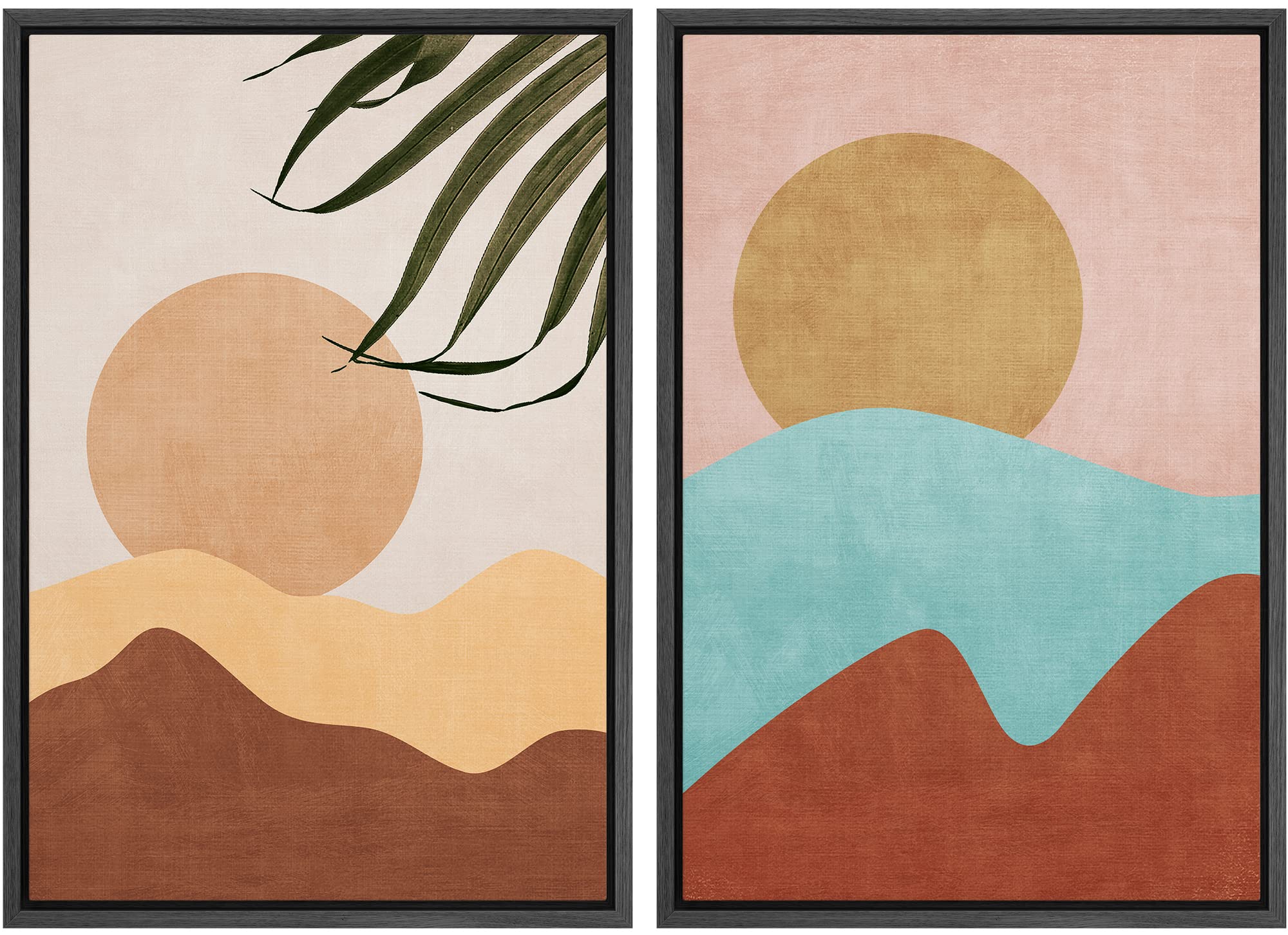Signford Framed Canvas Print Wall Art Set Vibrant Retro Mid-Century Mountains Abstract Shapes Illustrations Modern Art Decorativ