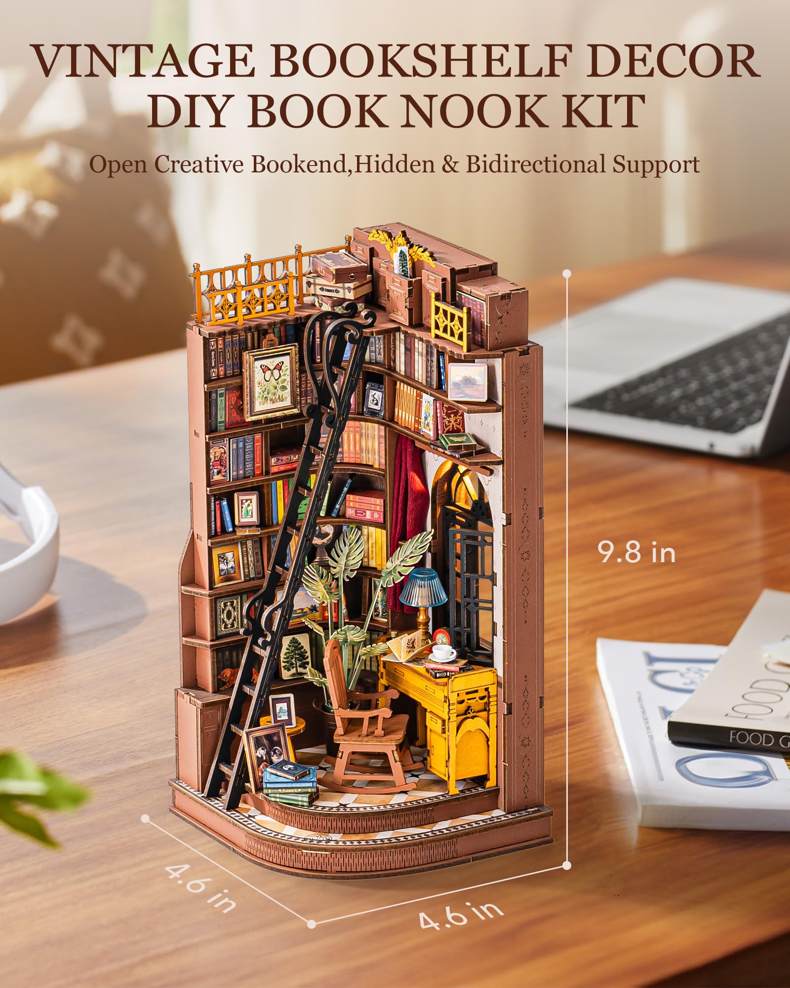 Rolife DIY Book Nook Kit Silent Corner Study, 3D Puzzles Creative British Bookend Bookshelf Decor for Adults, Tiny House Miniatu