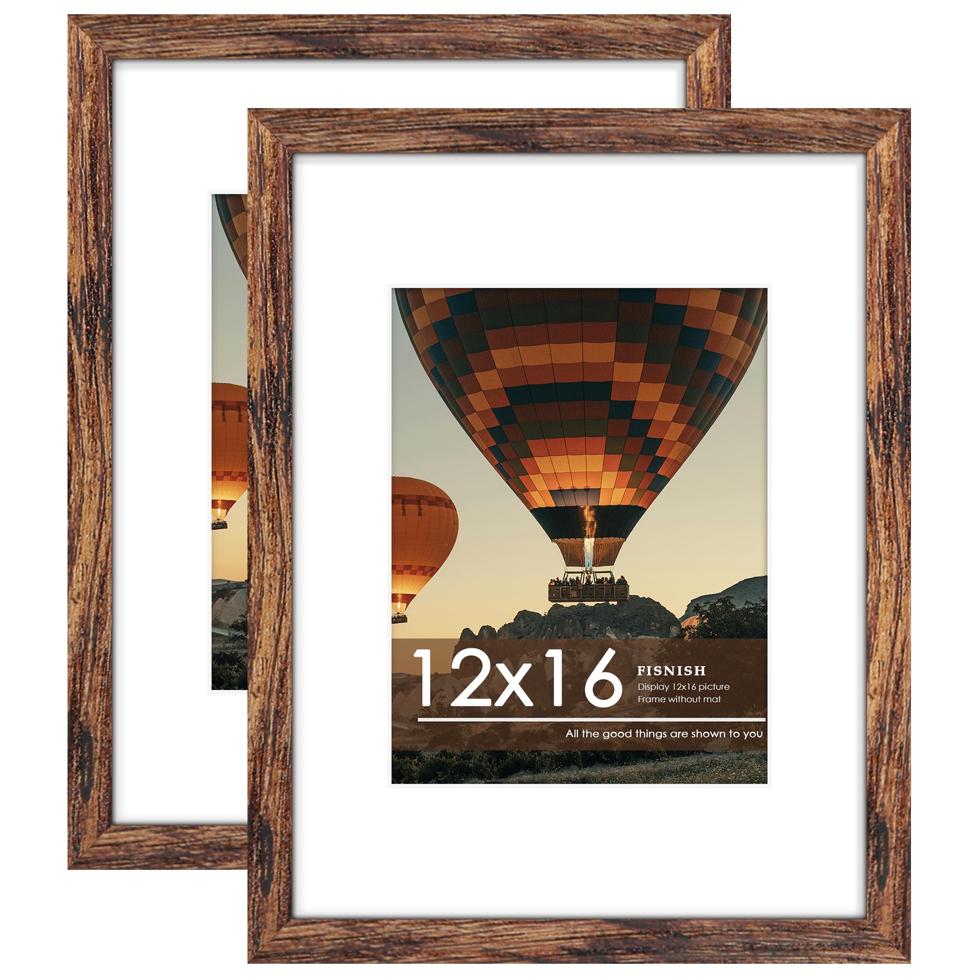 Fisnish 12x16 Picture Frame Brown 2 Pack, Display Pictures 8.5x11 with Mat or 12 x 16 Without Mat, Classic Poster Frame for Hori