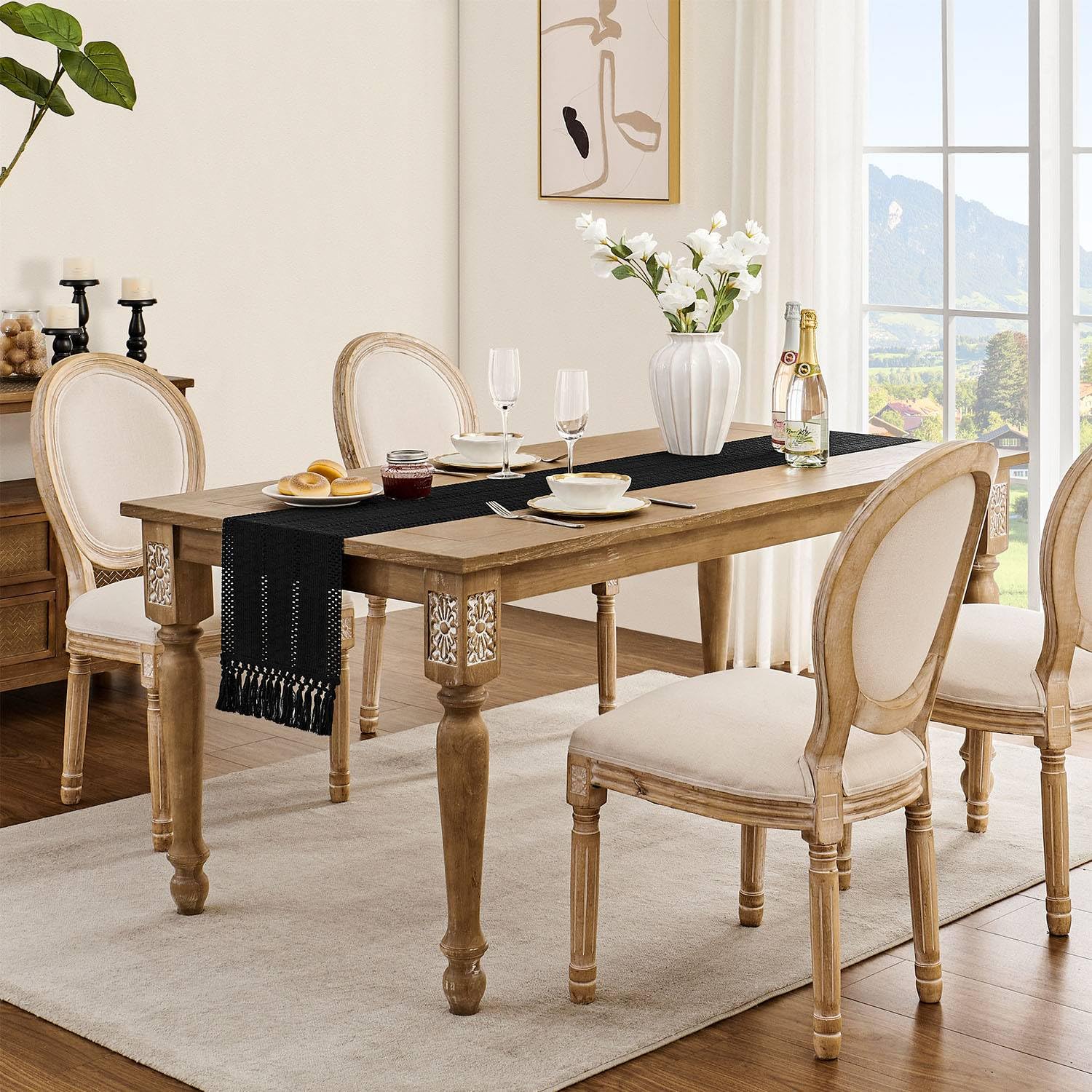 Zeemart Macrame Style Boho Table Runner, Black Table Runners 90 Inches Long, Farmhouse Woven Home Decor, 12X90 Inch, Black