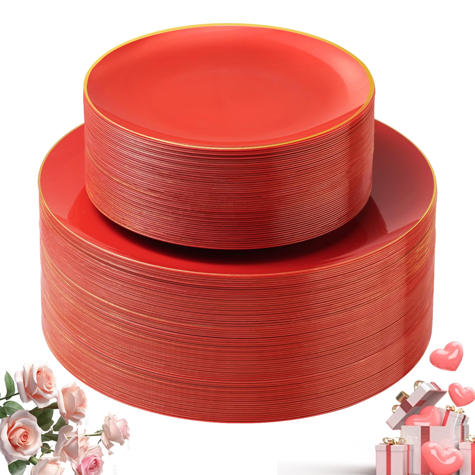 Bestluck 100Pcs Red Plastic Plates, Red Disposable Plates For 50 Guests, Red And Gold Plates Include 50 Red Party Plates, 50 Red