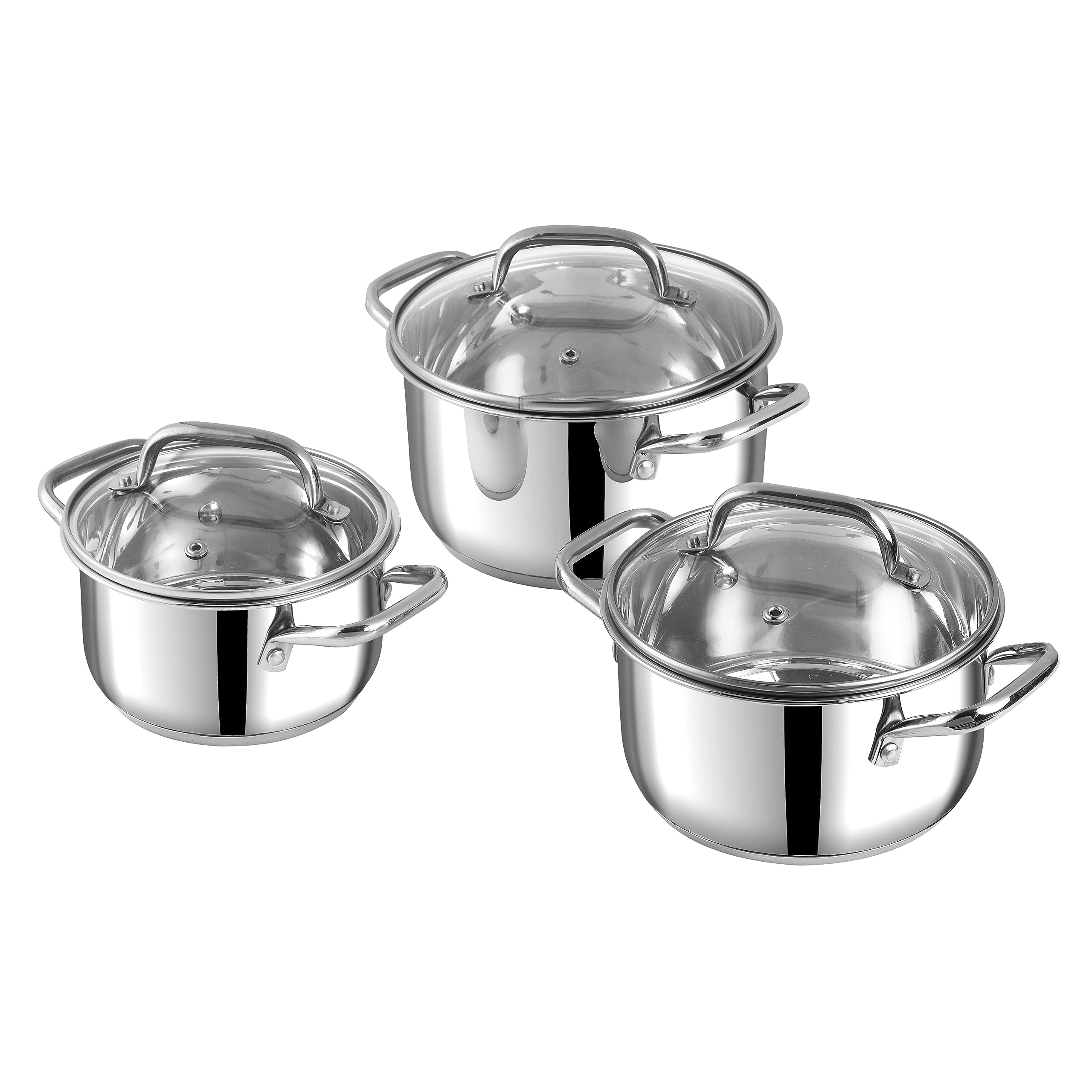 Vinod Mainz Stainless Steel Cookware Set Of 3 | 1.2, 2 And 2.7 Litre Saucepot With Glass Lid | Sas Bottom | Biryani Pot | Induct