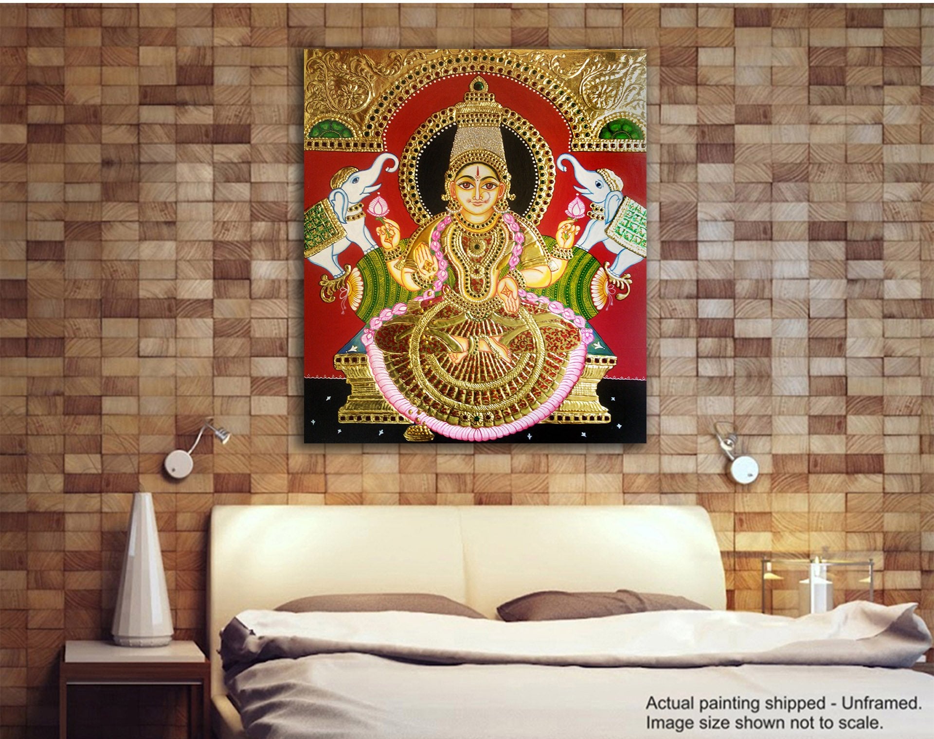 Tamatina Tanjore Canvas Painting - Maa Laxami | HD Quality, For Diwali Home Decor, Living Room, Bedroom, Hall - Thanjavur Painti