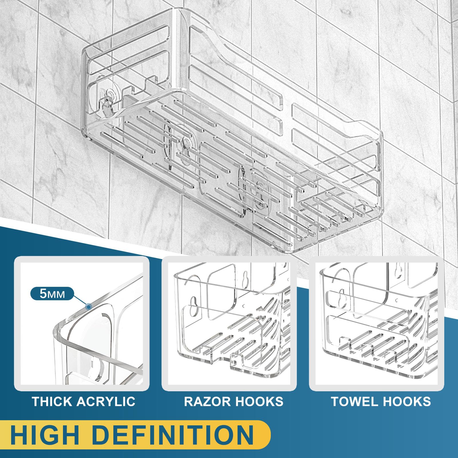 Jiepai Acrylic Shower Caddy Basket Shelf With Hooks,Adhesive Shower Shelves Wall Mounted Bathroom Storage Shampoo Organizer, Kit