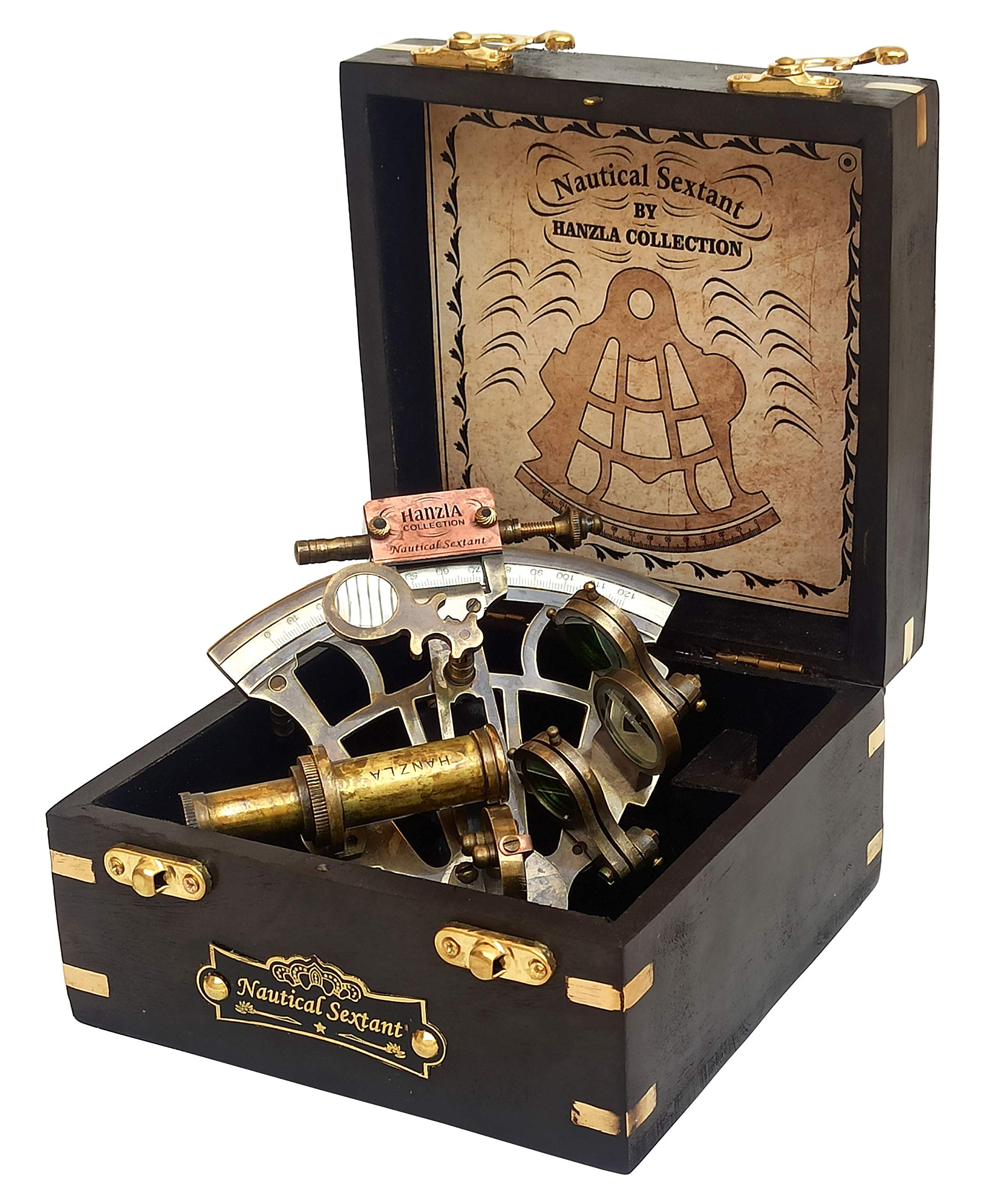 Hanzla Collection Brass Sextant for Navigation with Inbuild Compass Vintage Nautical Brass Sextant J. Scott Antique Sextant with