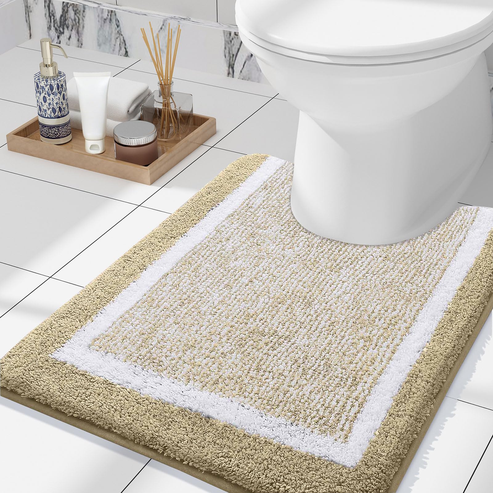 OLANLY Luxury Toilet Rugs U-Shaped 24x20  Extra Soft and Absorbent Microfiber Bathroom Rugs  Non-Slip Plush Toilet Bath Mat  Machine Wash Dry  Contour Bath Rugs for Toilet Base (Beige and White)