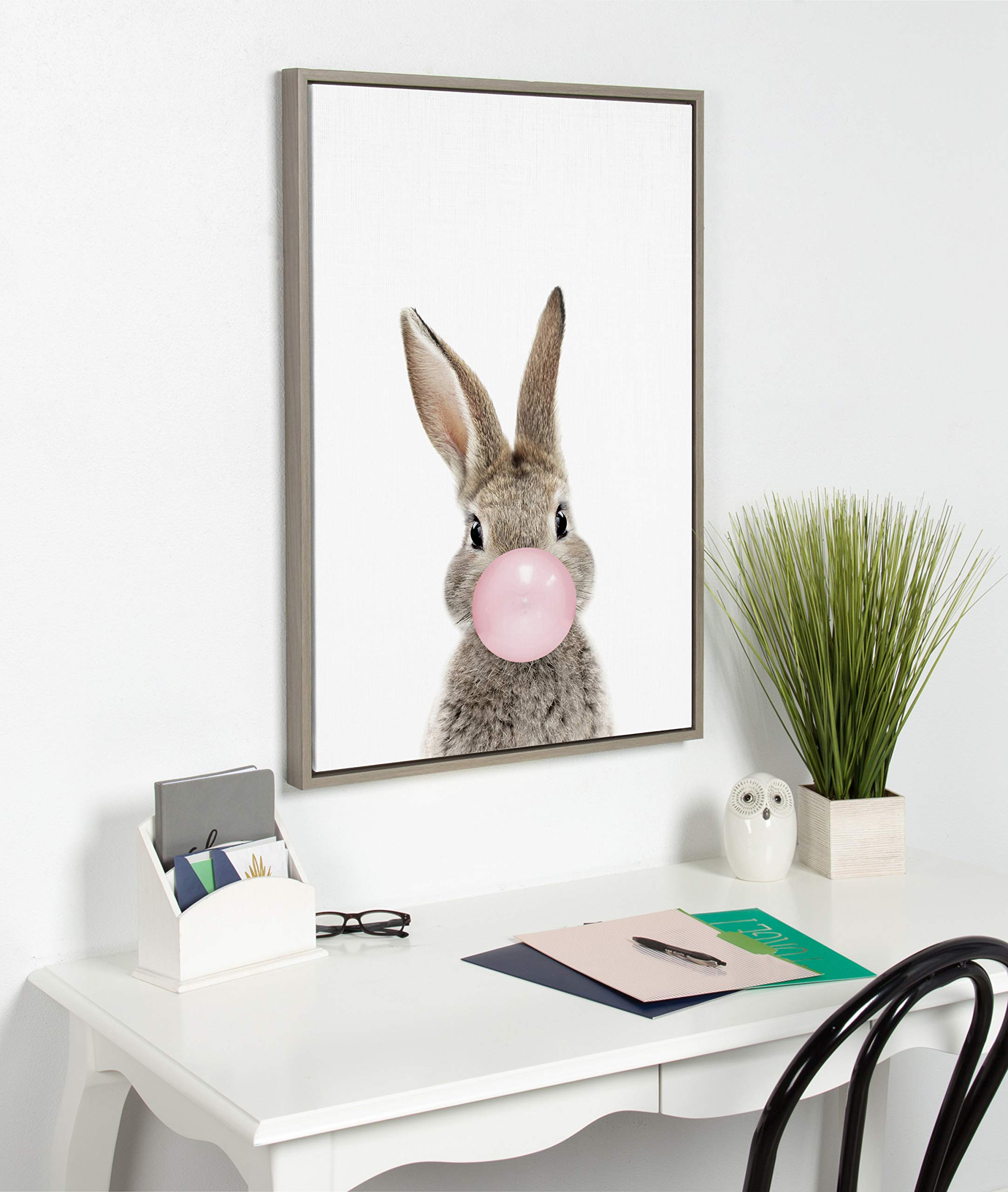 Kate And Laurel Sylvie Bubblegum Bunny Framed Canvas Wall Art By Amy Peterson, 23X33 Gray, Whimsical Baby Animal Art