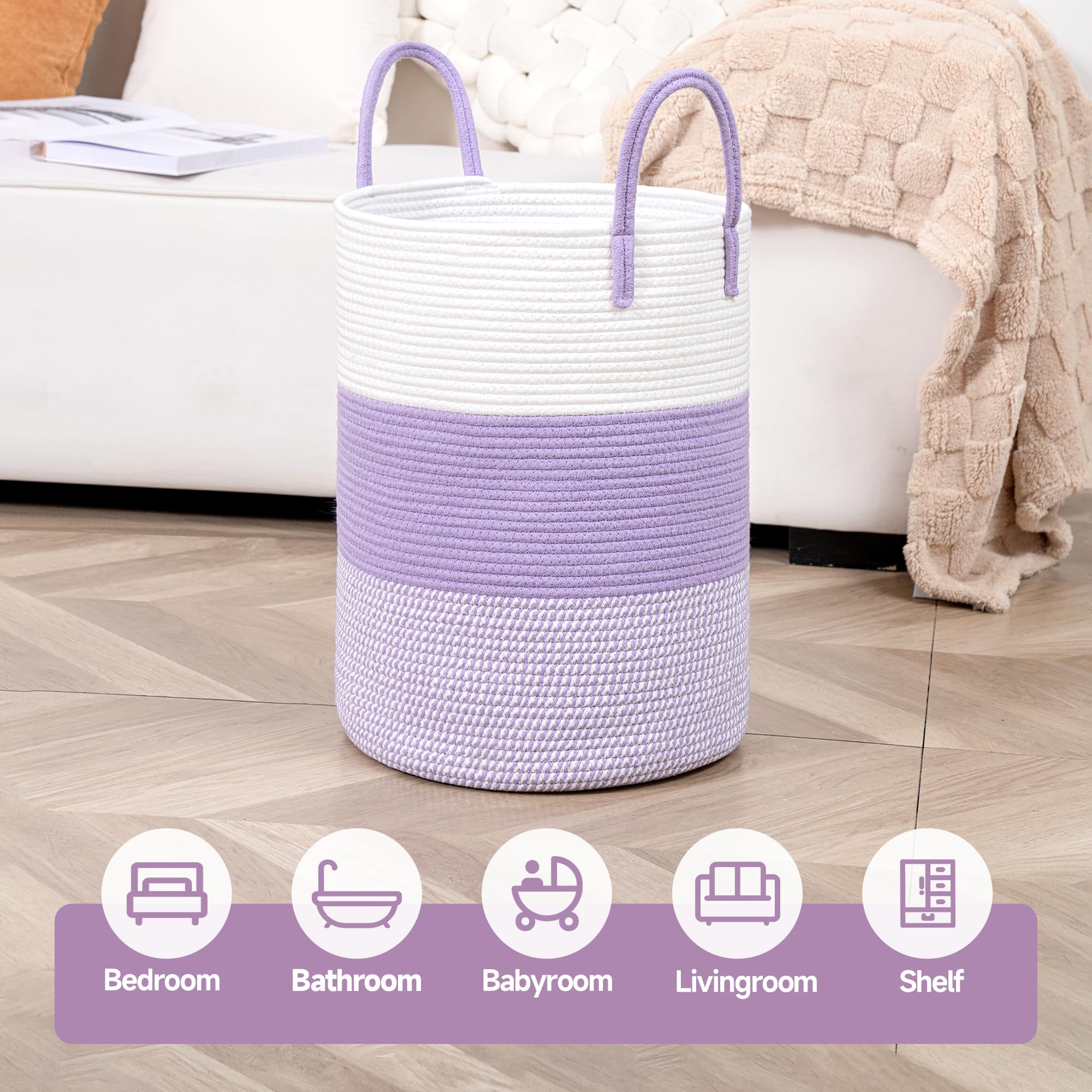 Clhmily&Z 40L Laundry Basket Round Storage Rope Basket - 13X18 Inches - Lavender Hamper In Bedreoom And Cute Storage Bin For Bla