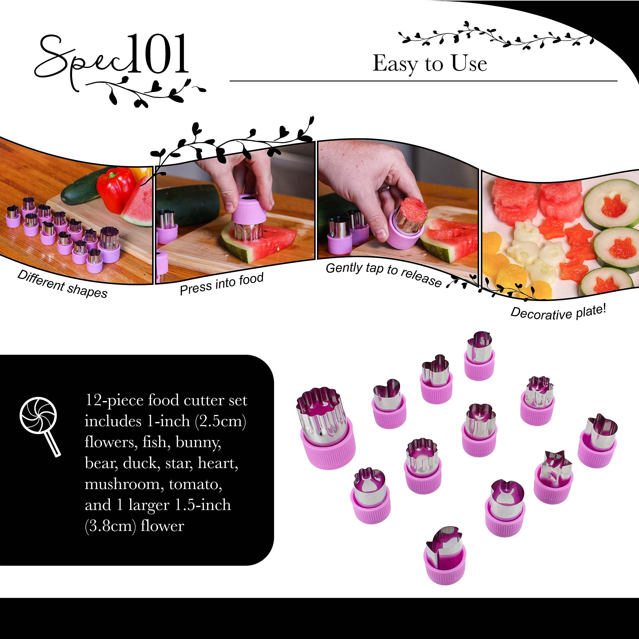 Spec101 Vegetable Chopper - 12Pc Mini Food Chopper With Flower, Animal, And Shape Fruit Cutter Pieces For Treats