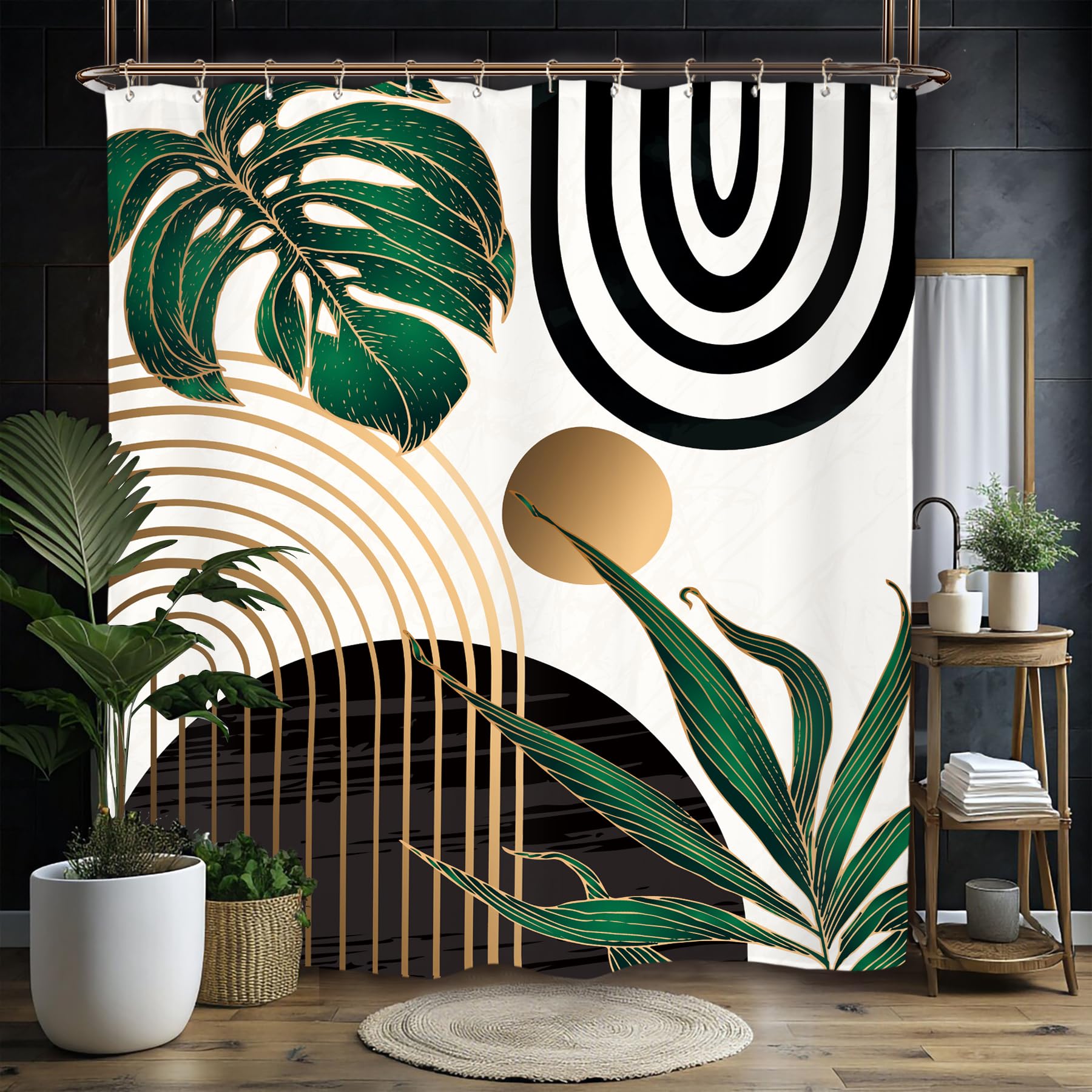 Miyotaa Abstract Emerald Green Shower Curtain Set 60Wx71H Inches Mid Century Minimalist Modern Tropical Leaves Geometric Contemp