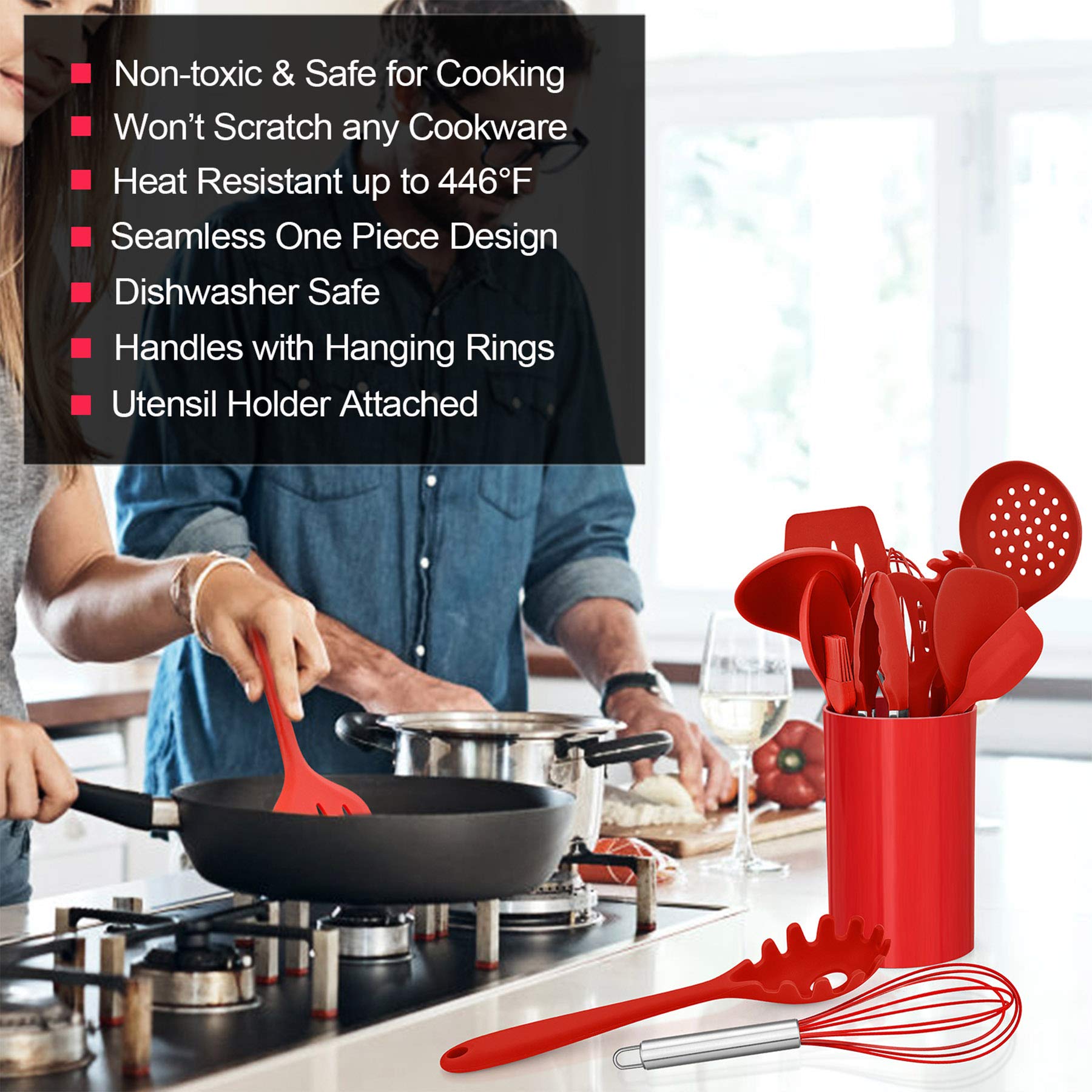 Lianyu 12-Piece Red Silicone Kitchen Cooking Utensils With Holder, Kitchen Tools Set Include Slotted Spatula Spoon Turner Ladle