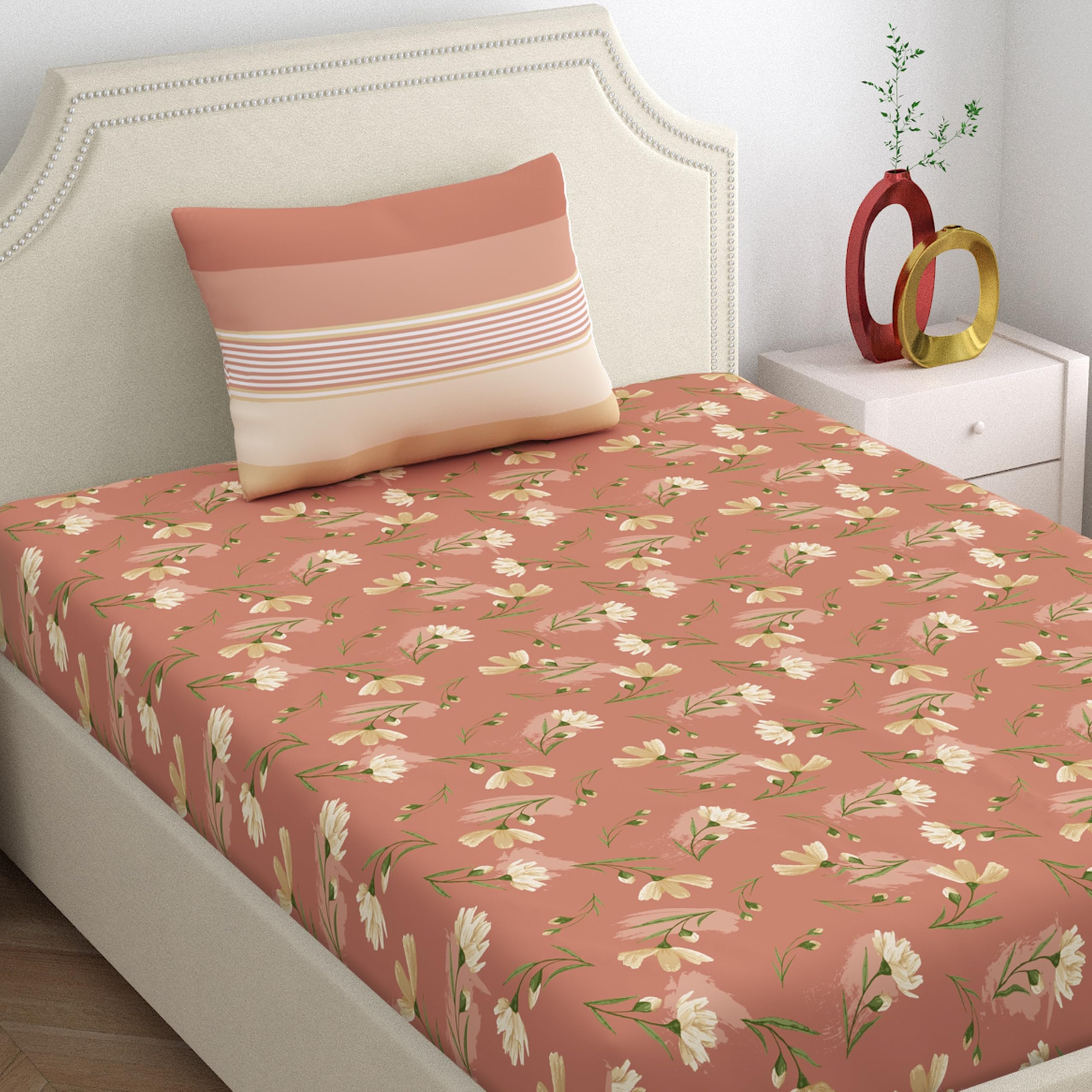 Dreamscape 100% Cotton Single Bedsheet With 1 Pillow Cover - (Size 59 X 88 Inches, 144 Tc, Colour - Red