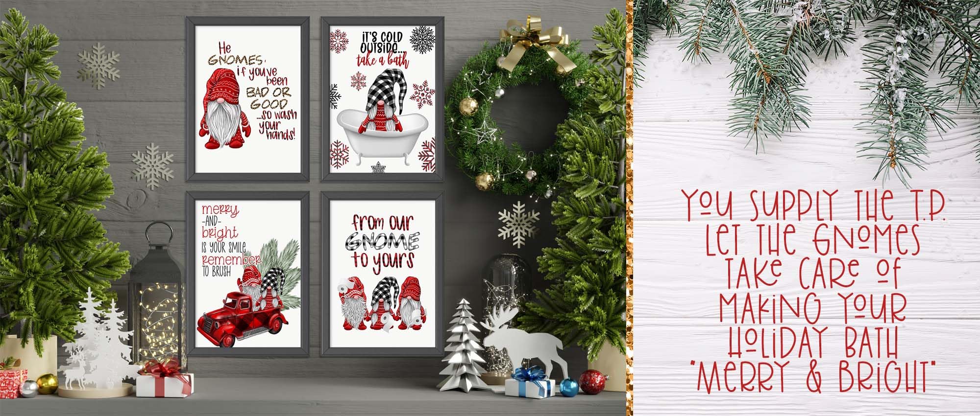 Gnome Buffalo Plaid Bathroom Bath Christmas Art Print Wall Decor Decoration Red Black Picture Hanging Poster