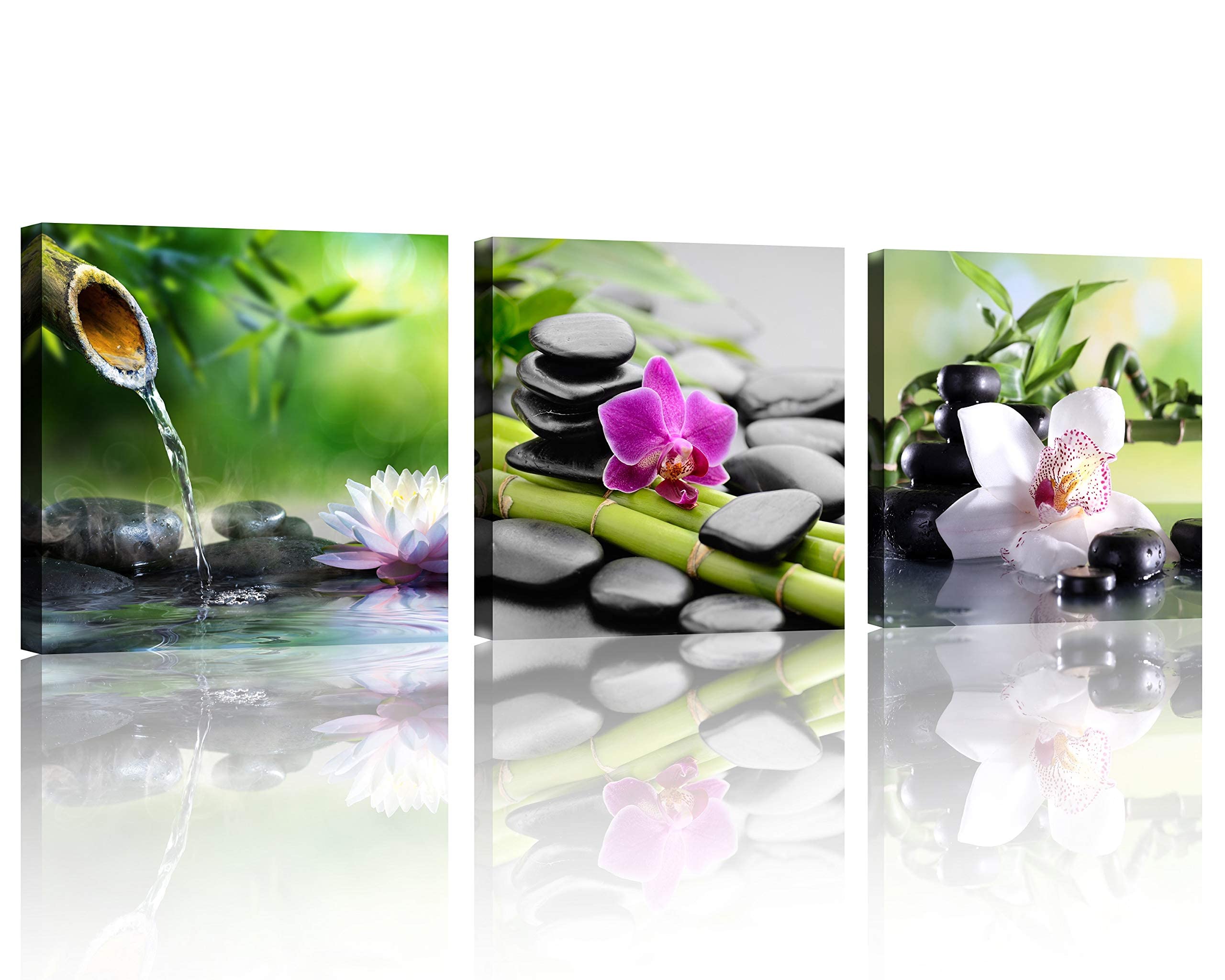 Tutubeer Zen Art 3 Panels Spa Decor Green Bamboo Decor Pink Flowers Picture Canvas Painting Print On Canvas For Home Decor Spa D