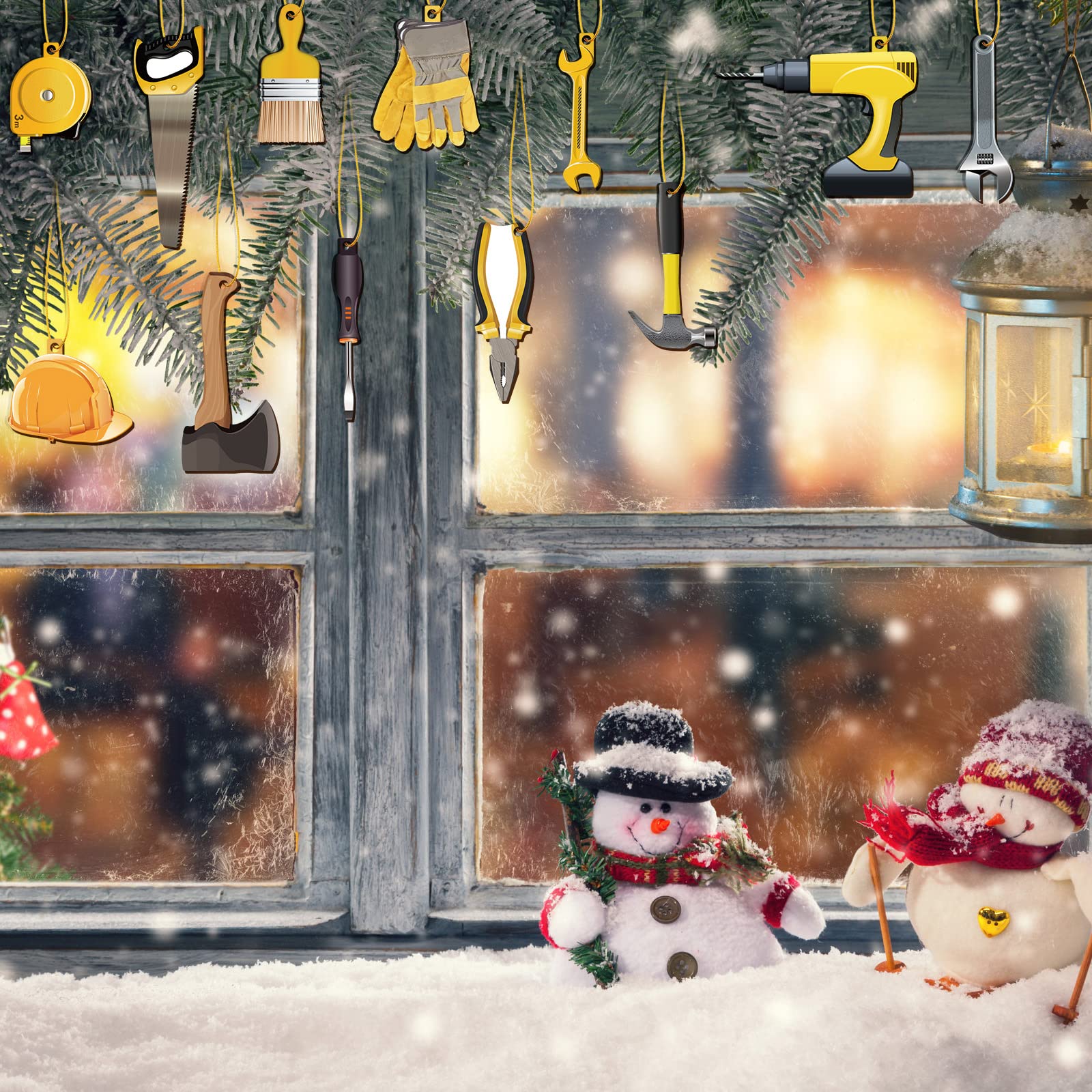 Lauwell 60 Pcs Construction Christmas Tree Ornament Handyman Tool Wooden Christmas Hanging Decoration Wood Axe Pliers Hammer Har