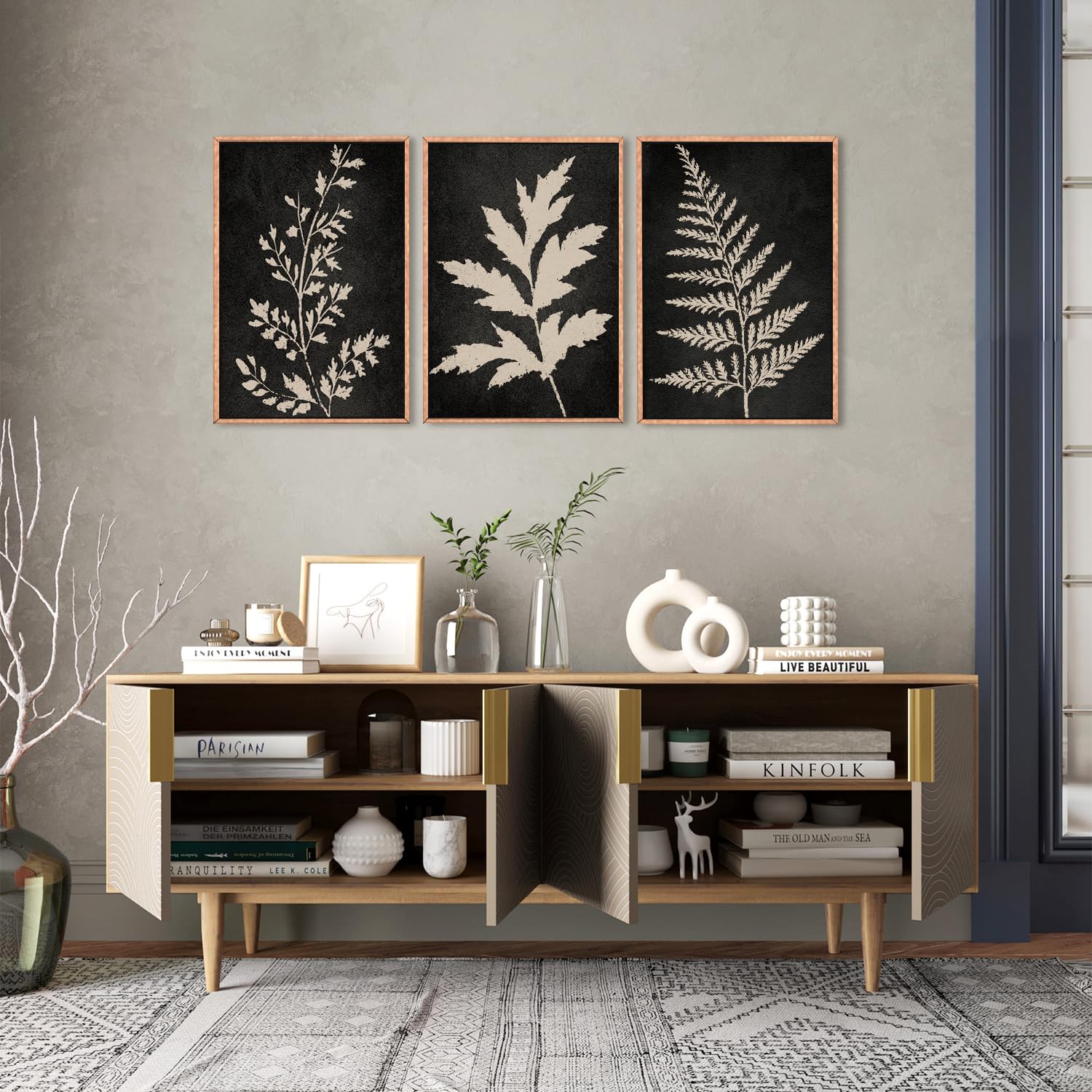 Ausril Black Tan Fern Leaf Framed Canvas Wall Art Set, Minimalist Botanical Wall Decor, Nature Fern Plant Silhouette Wall Painti