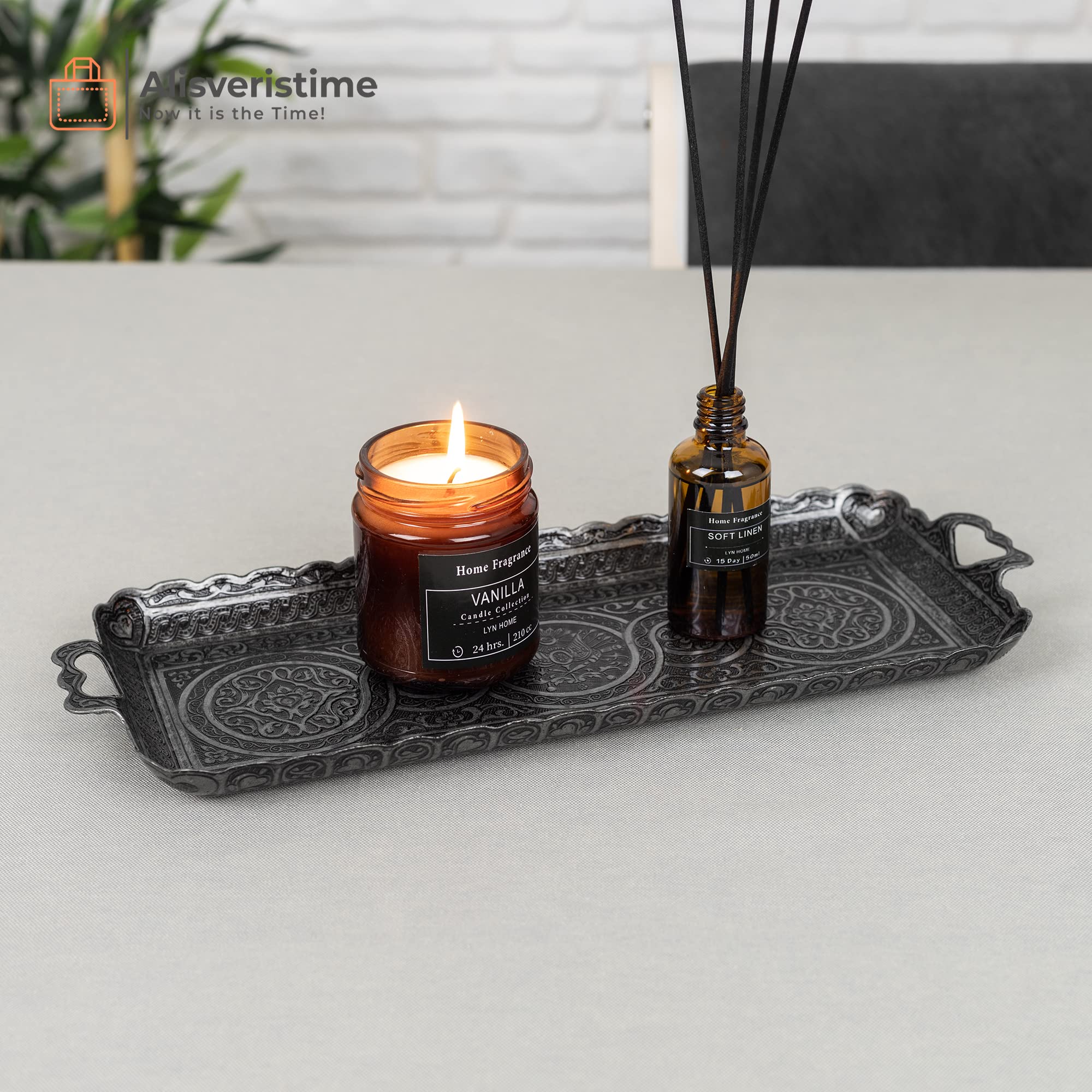 Alisveristime Turkish Ottoman Coffee Tea Beverage Serving Rectangle Tray (Small Tray) (13 Inc*5.5 Inc) (Black)