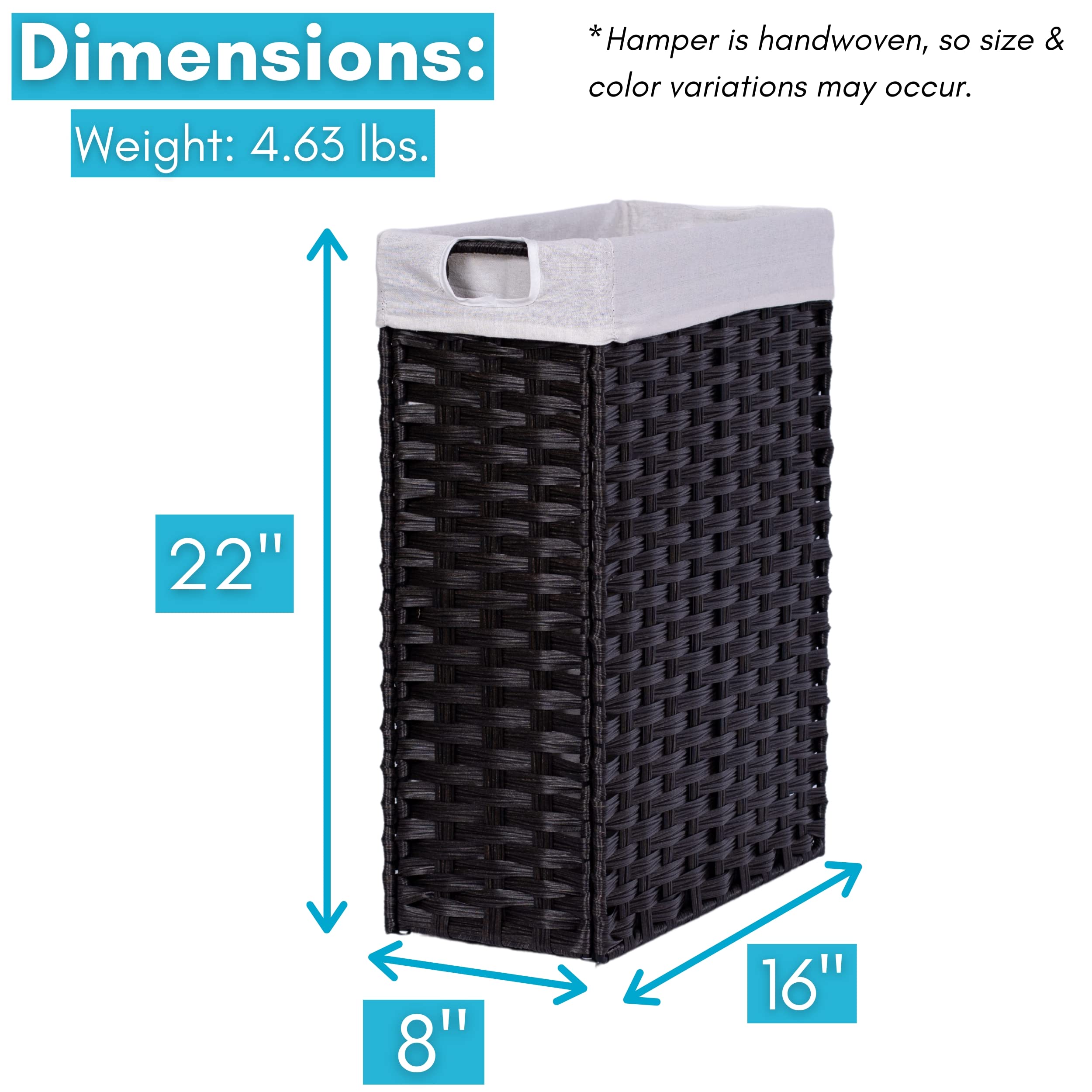 Birdrock Home 22'' Slim Laundry Hamper With Removable Liner Bag | Brown | Handwoven | Compact Collapsible Clothes Basket | Synth