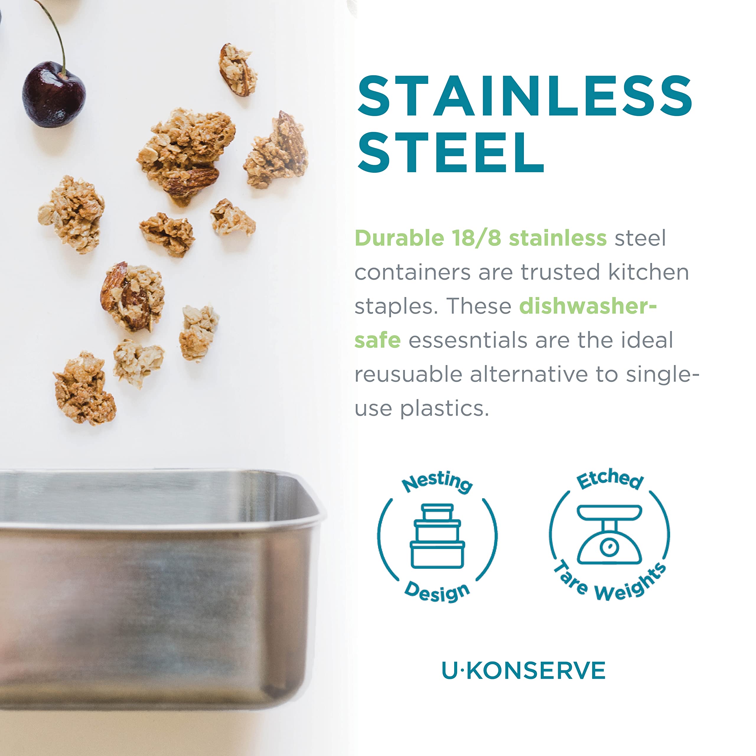 U Konserve Stainless Steel Rectangle Food Storage Bento Box Container, Leak Proof Silicone Lid Dishwasher Safe - Plastic Free, (