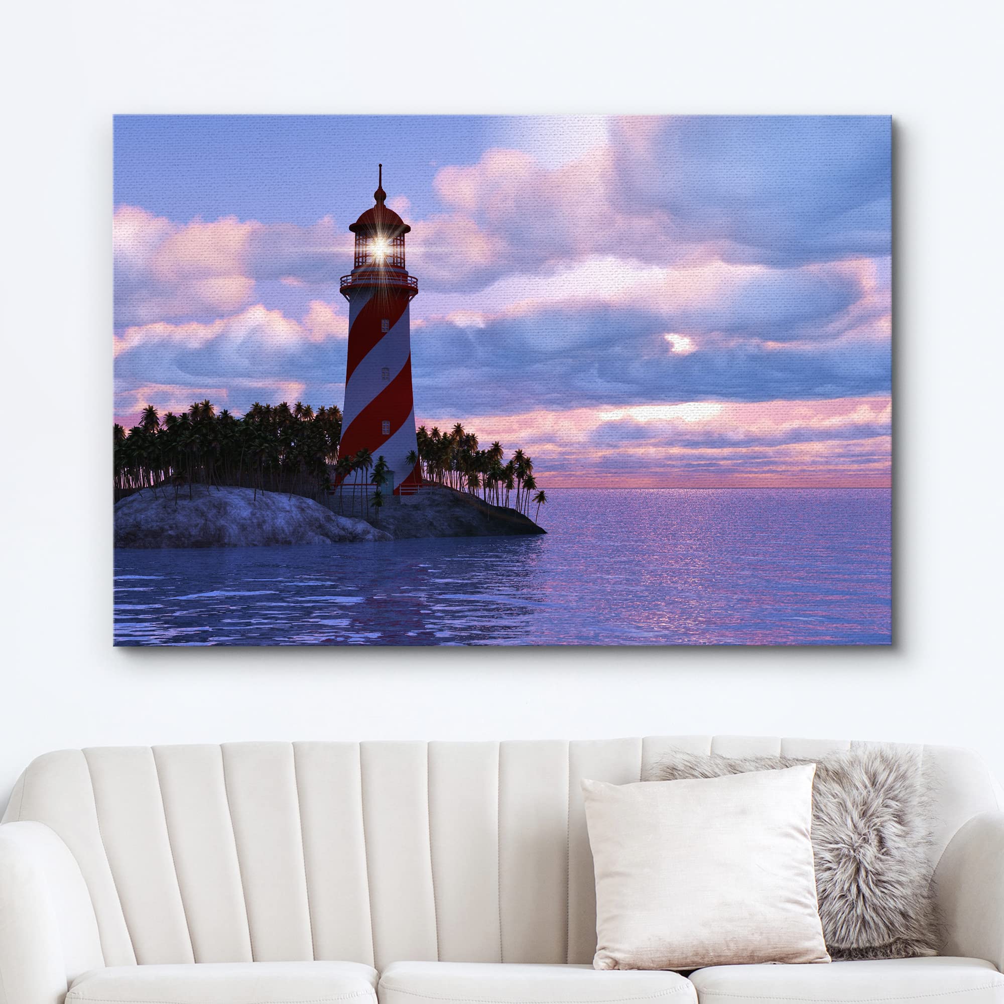 Wall26 Canvas Print Wall Art Dramatic Purple Sky Over Striped Island Lighthouse Nature Wilderness Photography Modern Art Rustic