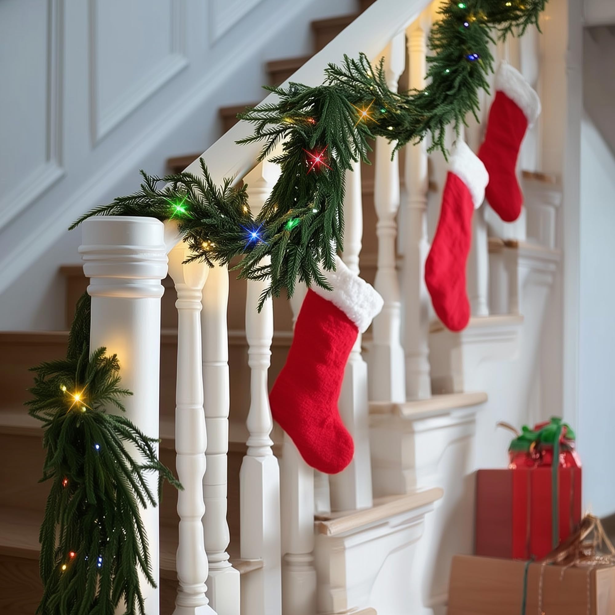 TW SHINE 9 FT Pre-Lit Christmas Garland Decorations, 50 LED Lighted Artificial Norfolk Pine Garlands with 8 Modes, Green Garland