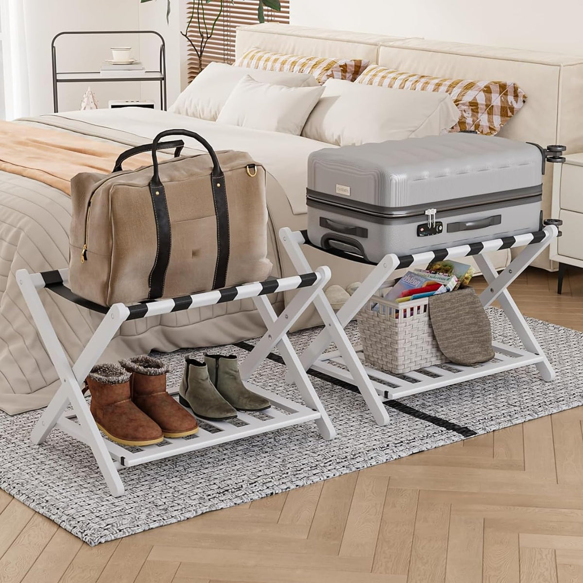 Smart Fendee Set Of 2 Fully Assembled White Bamboo Luggage Racks, Folding 5 Straps Heavy Duty Suitcase Stand, Wide Bamboo Luggag
