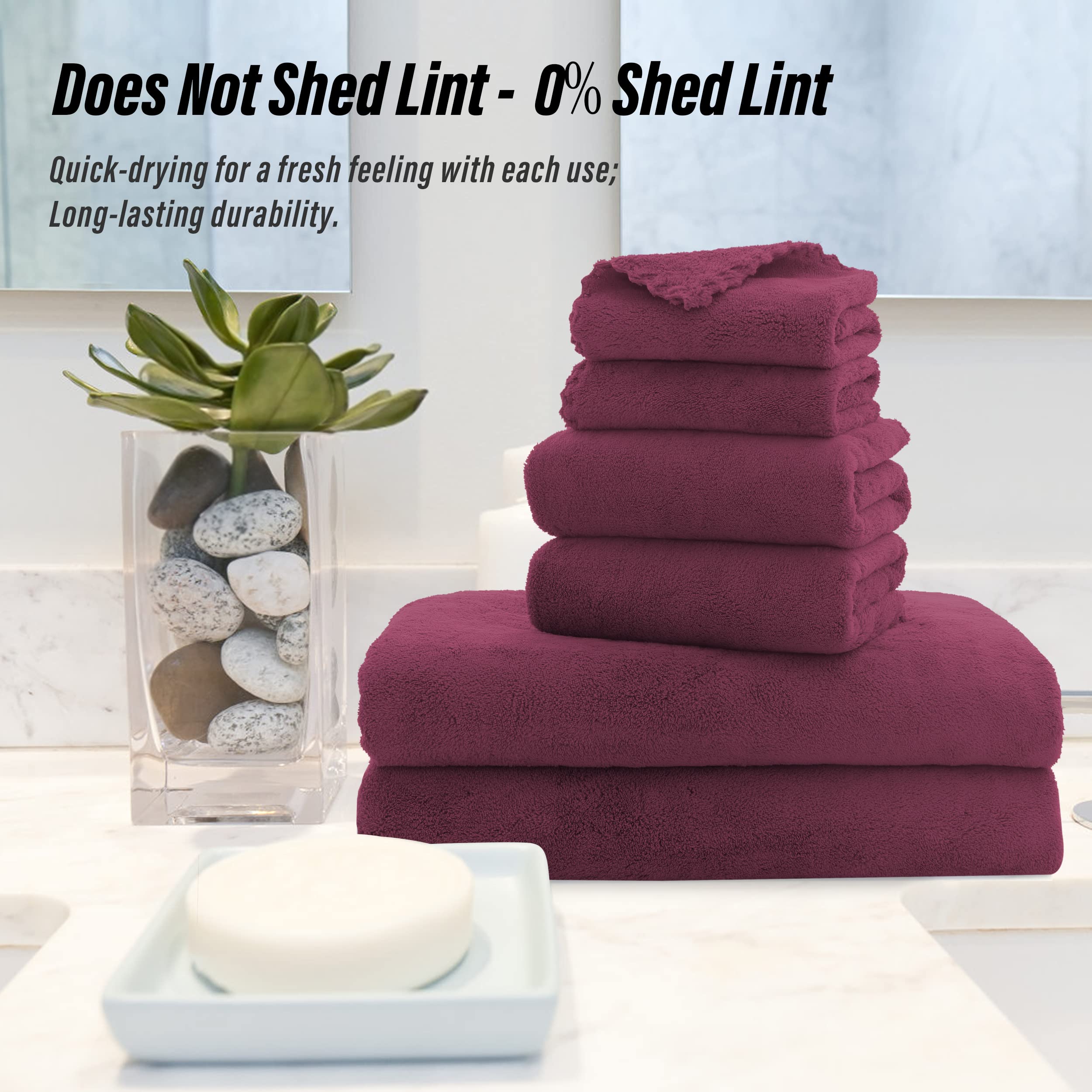 Moonqueen Ultra Soft Microfiber Coral Velvet Towel Set - Quick Drying, 2 Bath Towels, 2 Hand Towels, 2 Washcloths - Burgundy, 6