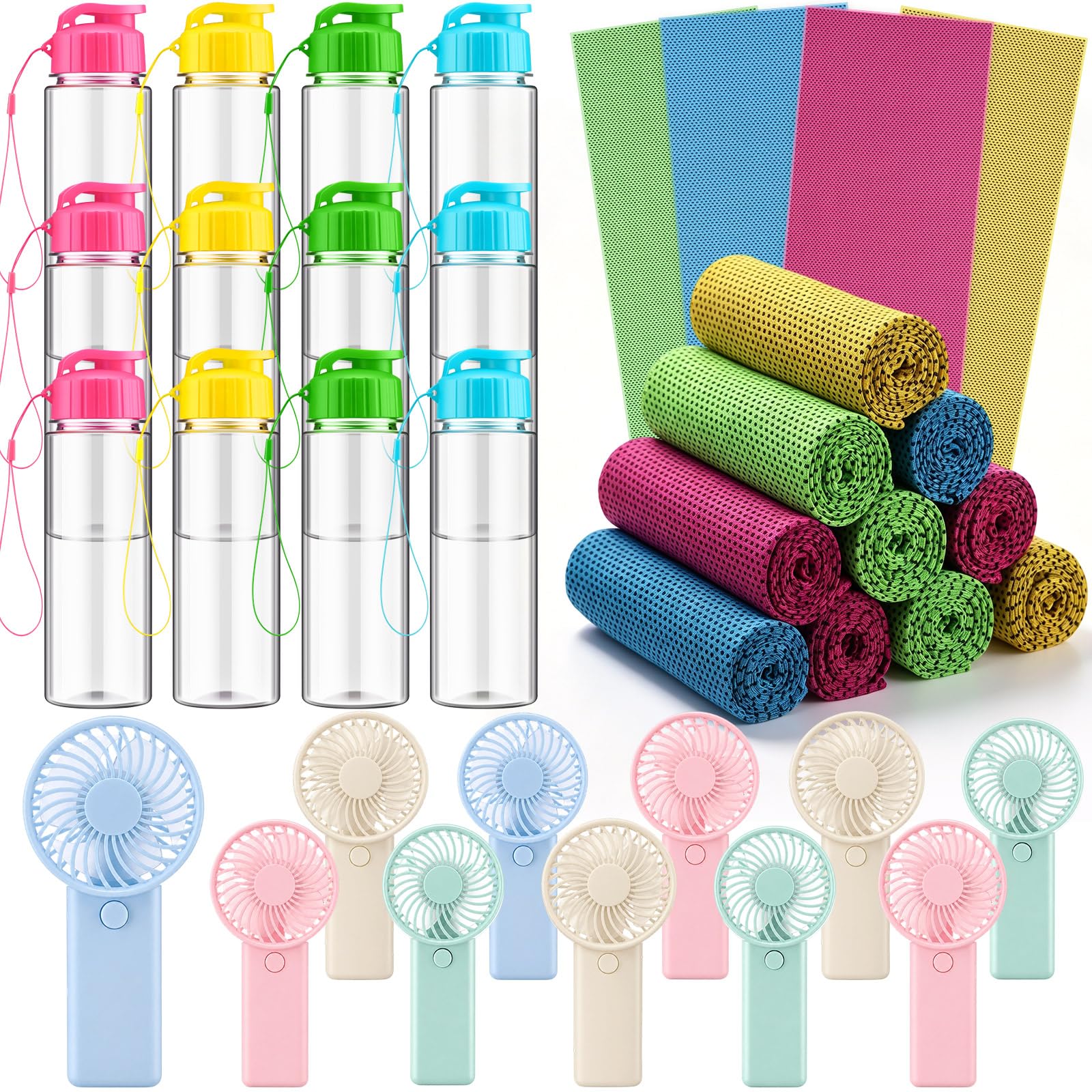 Skybooly 36 Pieces Water Bottle Cooling Towel Handheld Fan Set Sports Party Favors Include 17 oz Water Bottle 40x12 Cooling To