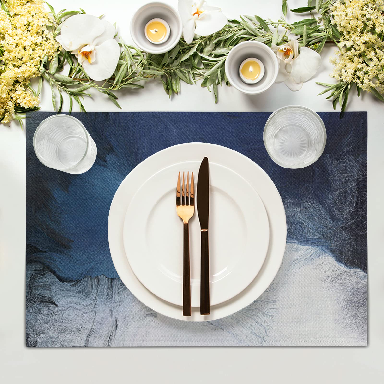 Black Blue Grey White Placemats Set Of 4 Modern Art Abstract Coffee Plate Mat Washable Heat Resistant Linen Place Mats Royal Gra