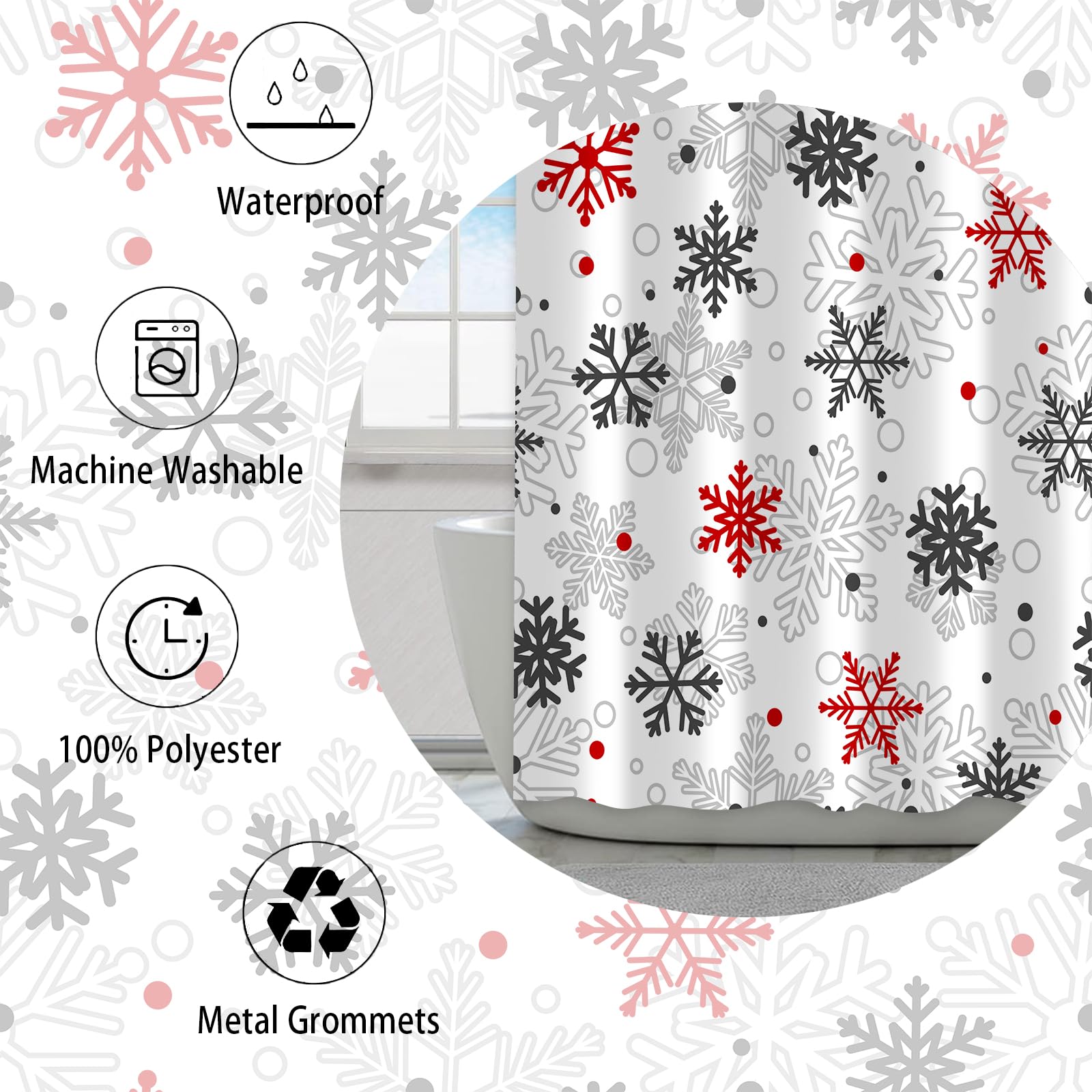 Paopoed Winter Snowflake Shower Curtain, Red Christmas Merry Xmas Funny Outside Hoilday Pattern Bathroom Decor, Waterproof Cloth