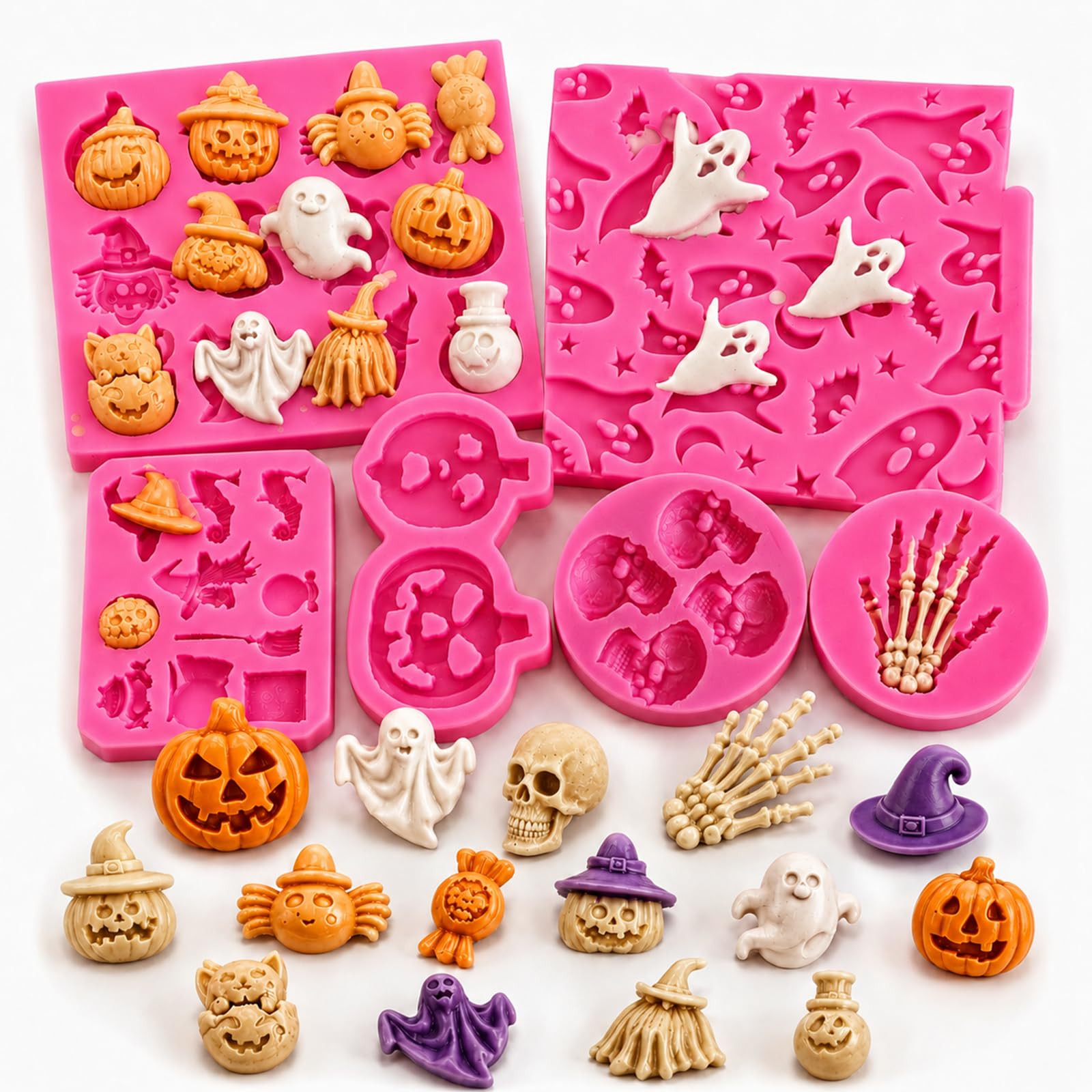 6Pcs Halloween Fondant Molds Halloween Silicone Molds Pumpkin Ghost Skull Hand Fondant Chocolate Molds Halloween Theme Food Grad