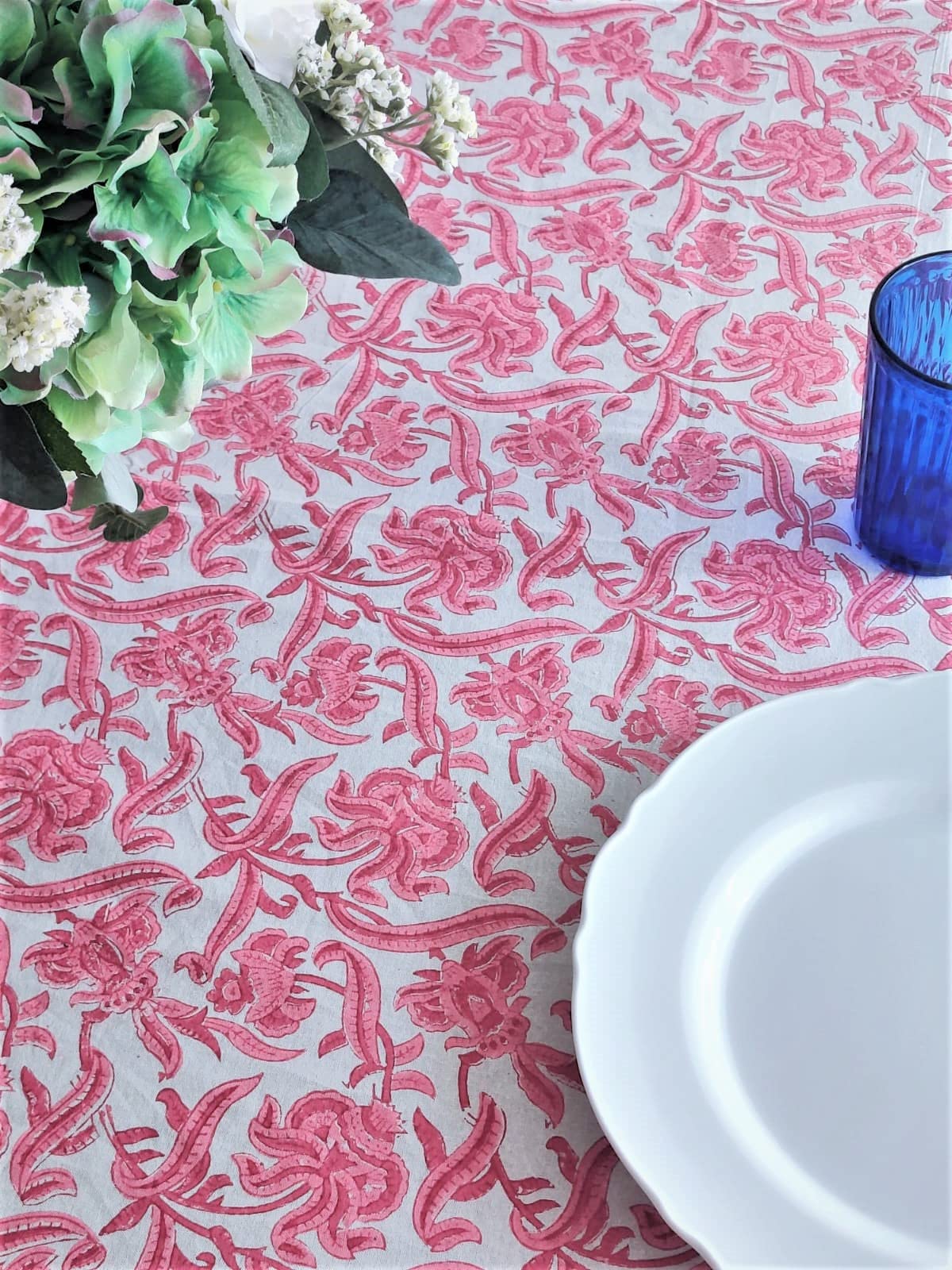 ATOSII Red Bloom 100% Cotton Tablecloth, Handblock Print Rectangle Table Cover for Kitchen Dining I Tabletop Linen I Parties, We