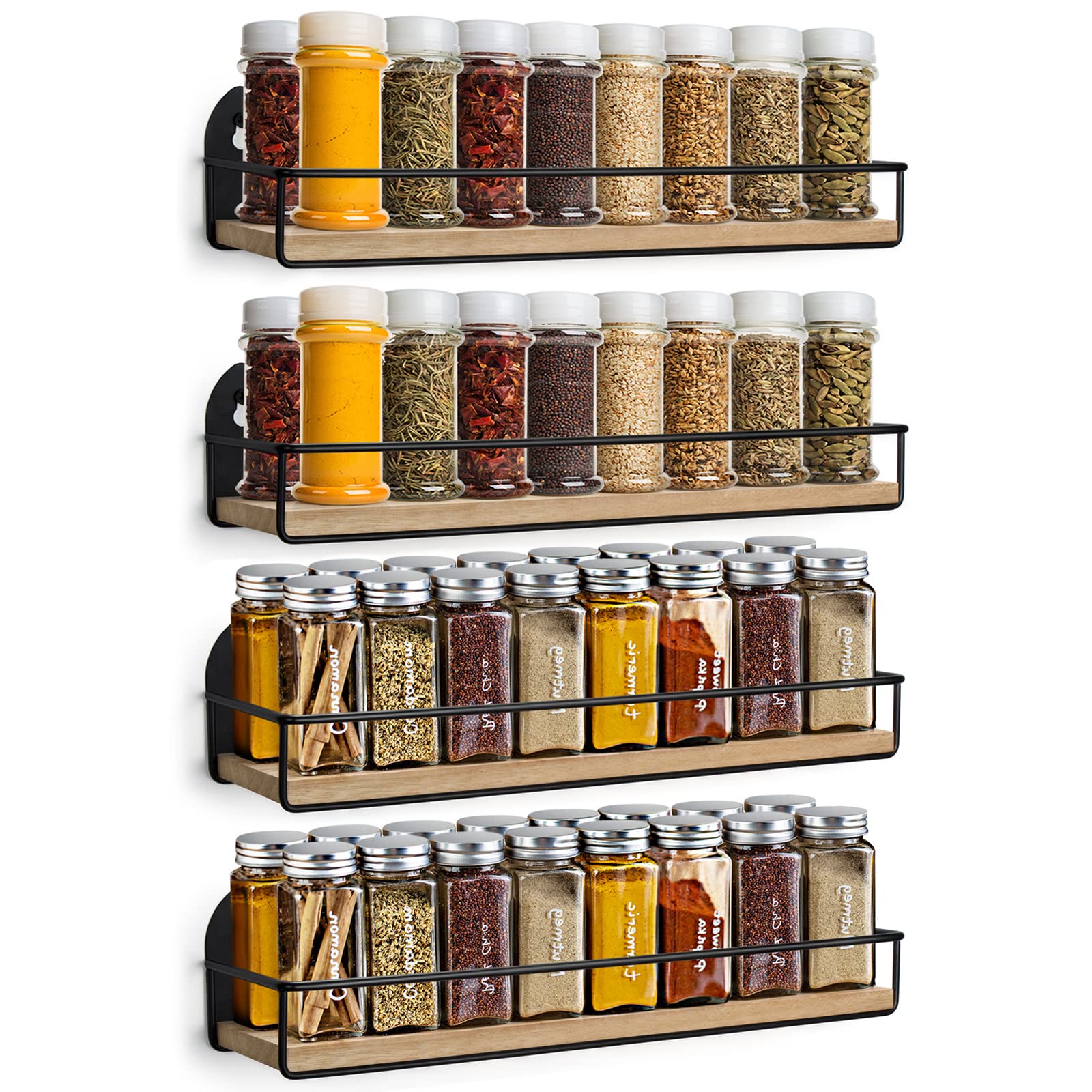 TJ.MOREE 4 Pack Spice Rack Wall Mounted Rustic Style Hanging Spice Organizer for Wall, Kitchen Spice Storage, Black