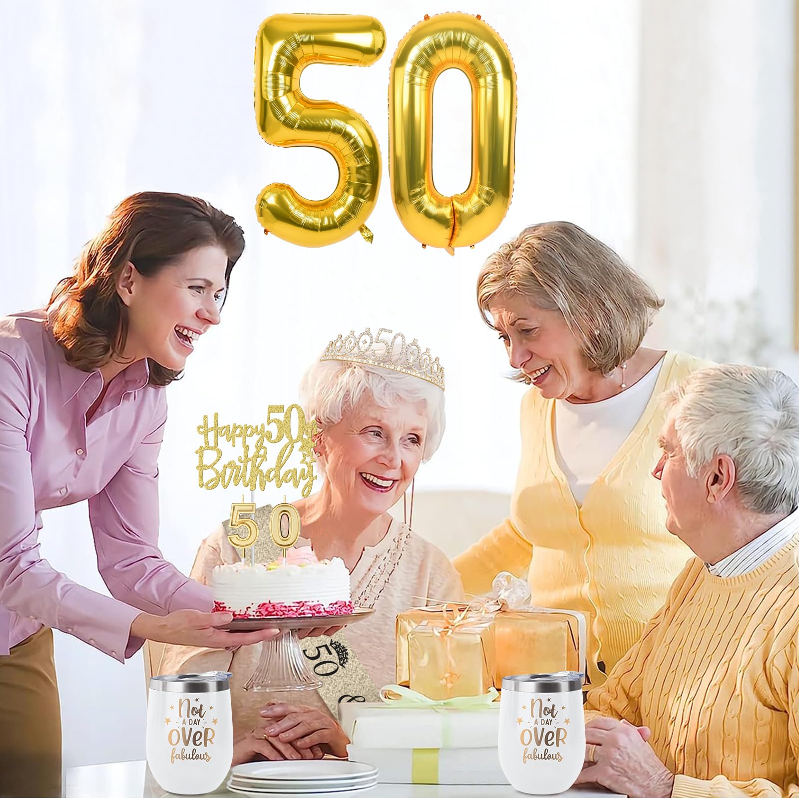 50Th Birthday Decorations For Women Gold With 50Th Birthday Sash And Tiara, 50Th Birthday Cake Topper And 50 Candles, Big Gold 5