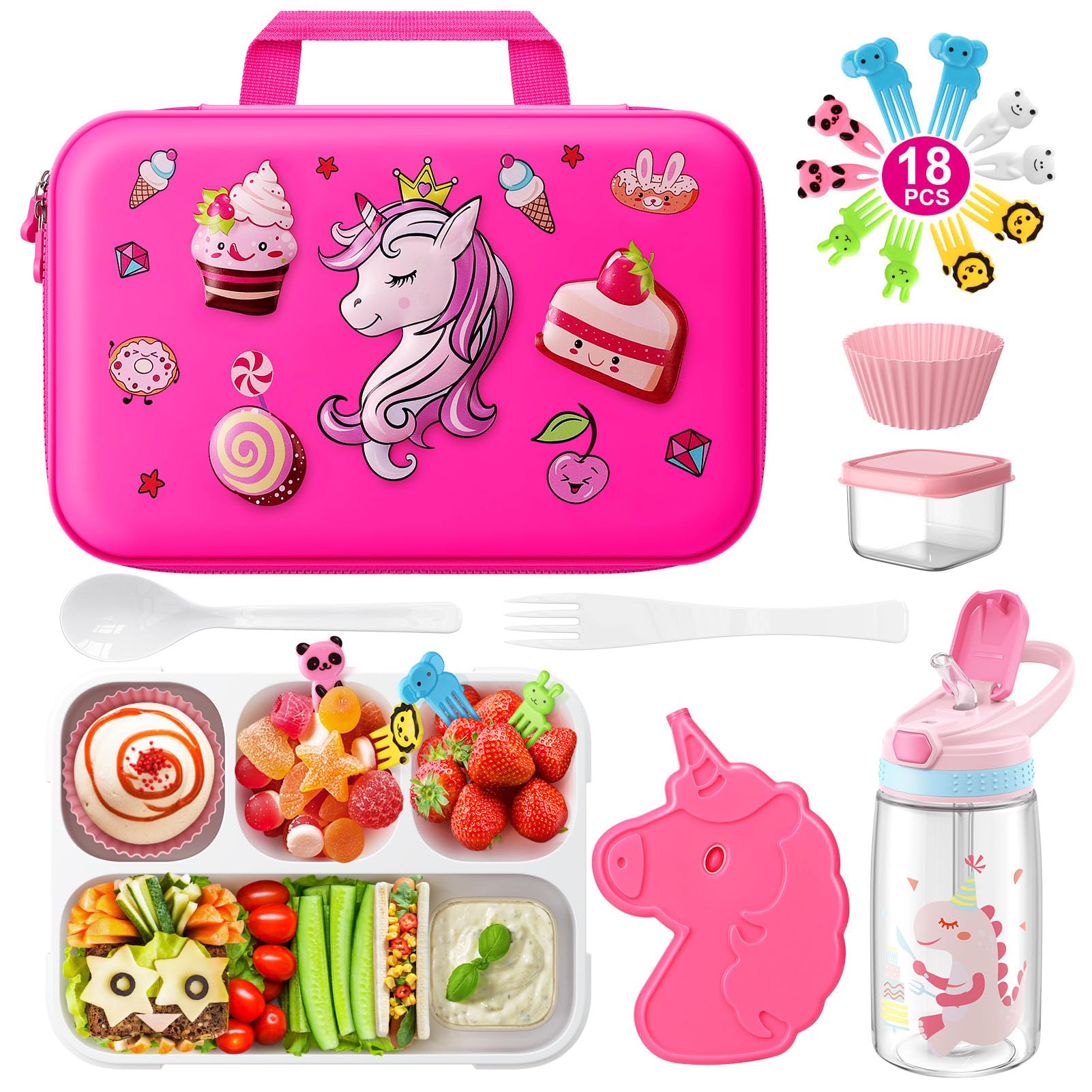 Unicorn Insulated Lunch Bag Set 18Pcs Bento Lunch Box For Kids, Bento-Style Leakproof 4 Compartments Lunch Container Water Bottl