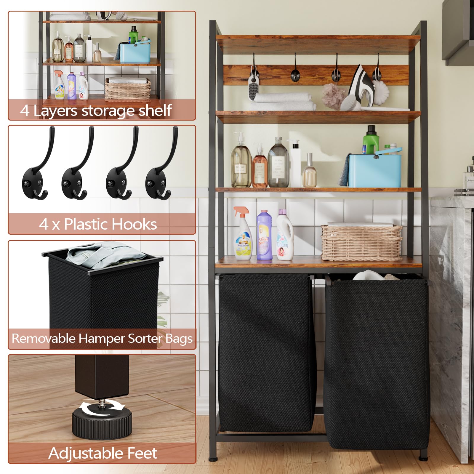 Furnulem 4 Tiers Laundry Hamper With Shelf And Hooks, Tall Laundry Basket Sorter With 2 Removable Laundry Bags, Ladder Shelves W