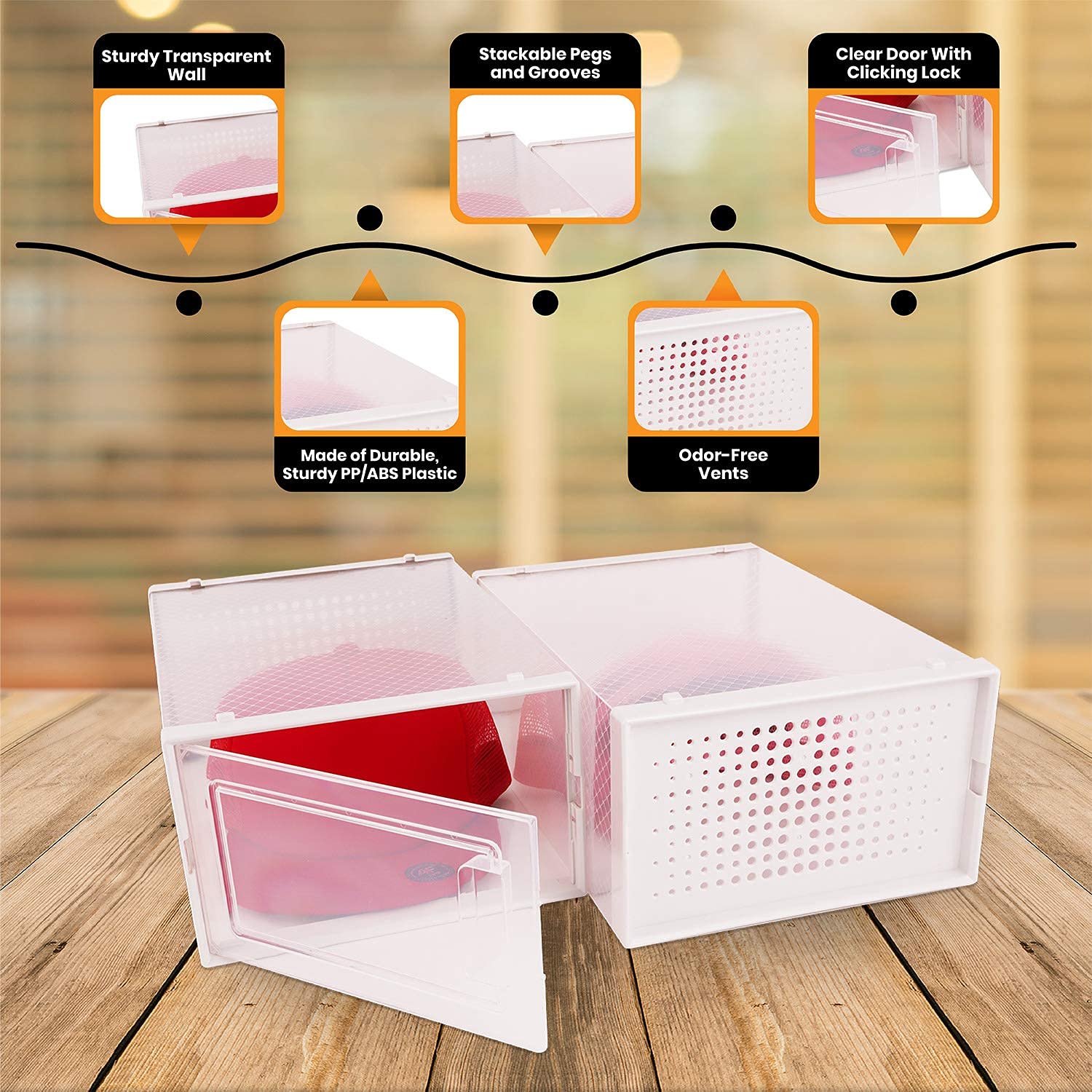 Boxy Concepts Plastic Hat Organizer For Baseball Caps (6-Pack) Easy Assembly, Stylish, Dust-Proof, Transparent, Stackable With O