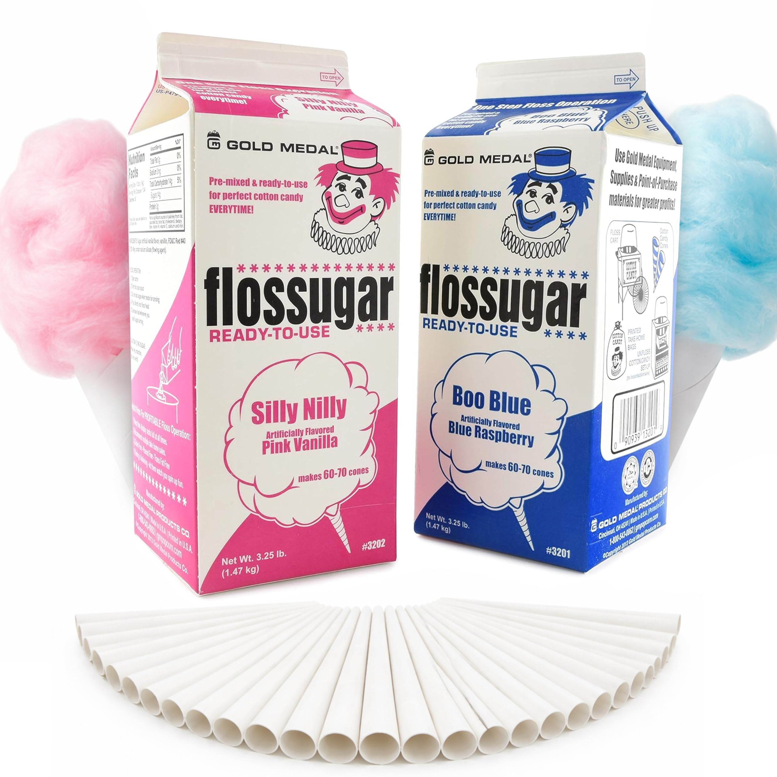 Perfectware 2 Pack Cotton Candy Floss Sugar with 100 Count Paper Cotton Candy Cones. Pink Vanilla and Blue Raspberry. (Two 3.25 