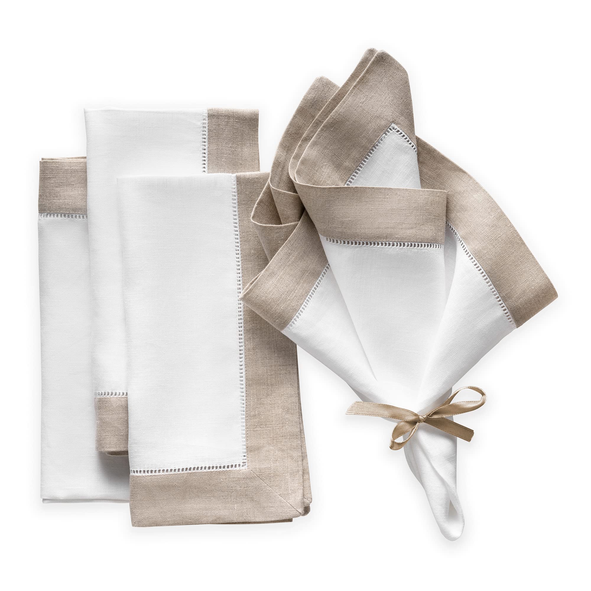 Linen Napkins 20 X 20 Inch - 100% Pure Linen White And Natural Dinner Napkins Set Of 4 - Hemstitch Napkins Cloth Washable For Ch