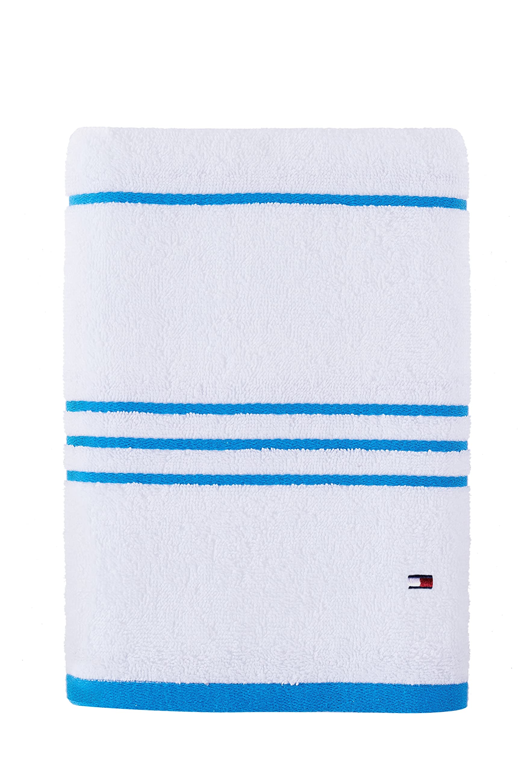 Tommy Hilfiger Modern American Stripe Bath Towel, 30 X 54 Inches, 100% Cotton 574 Gsm (White/Swedish Blue)