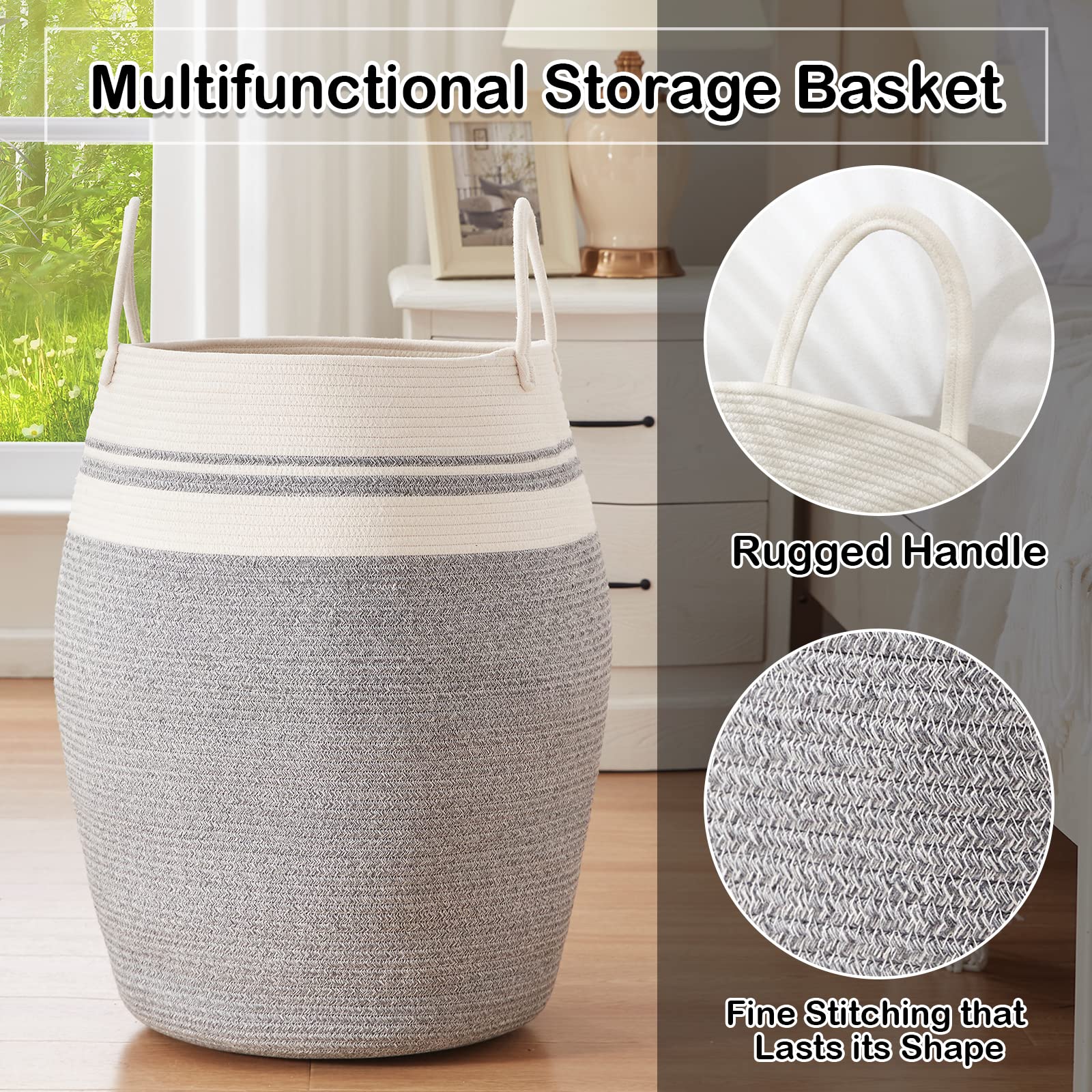 Oiahomy Laundry Hamper Woven Cotton Rope Large Clothes Hamper 25.6'' Height Modern Curve Basket With Extended Cotton Handles For